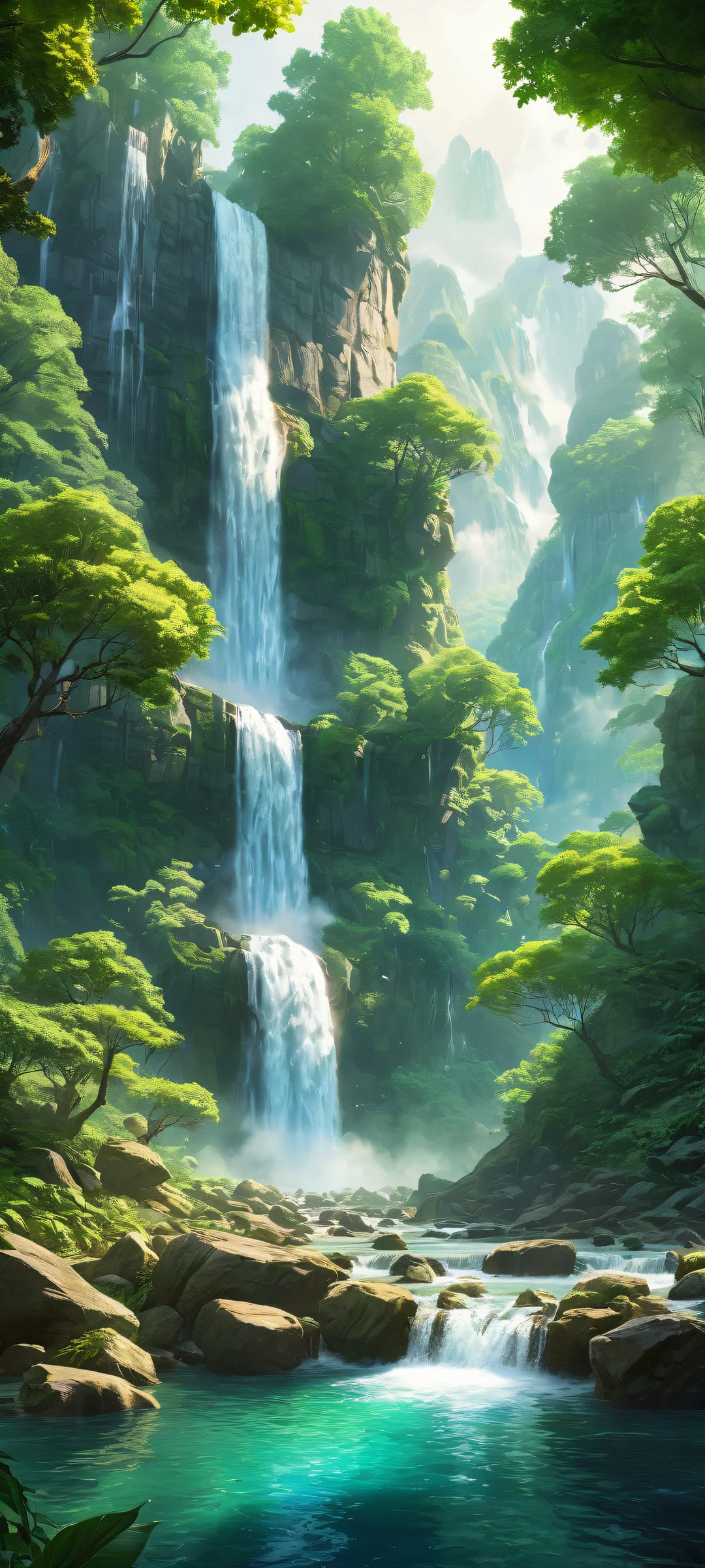 Beautiful waterfall scene with video game characters in the foreground - perfect for iPhone/Android home screens.