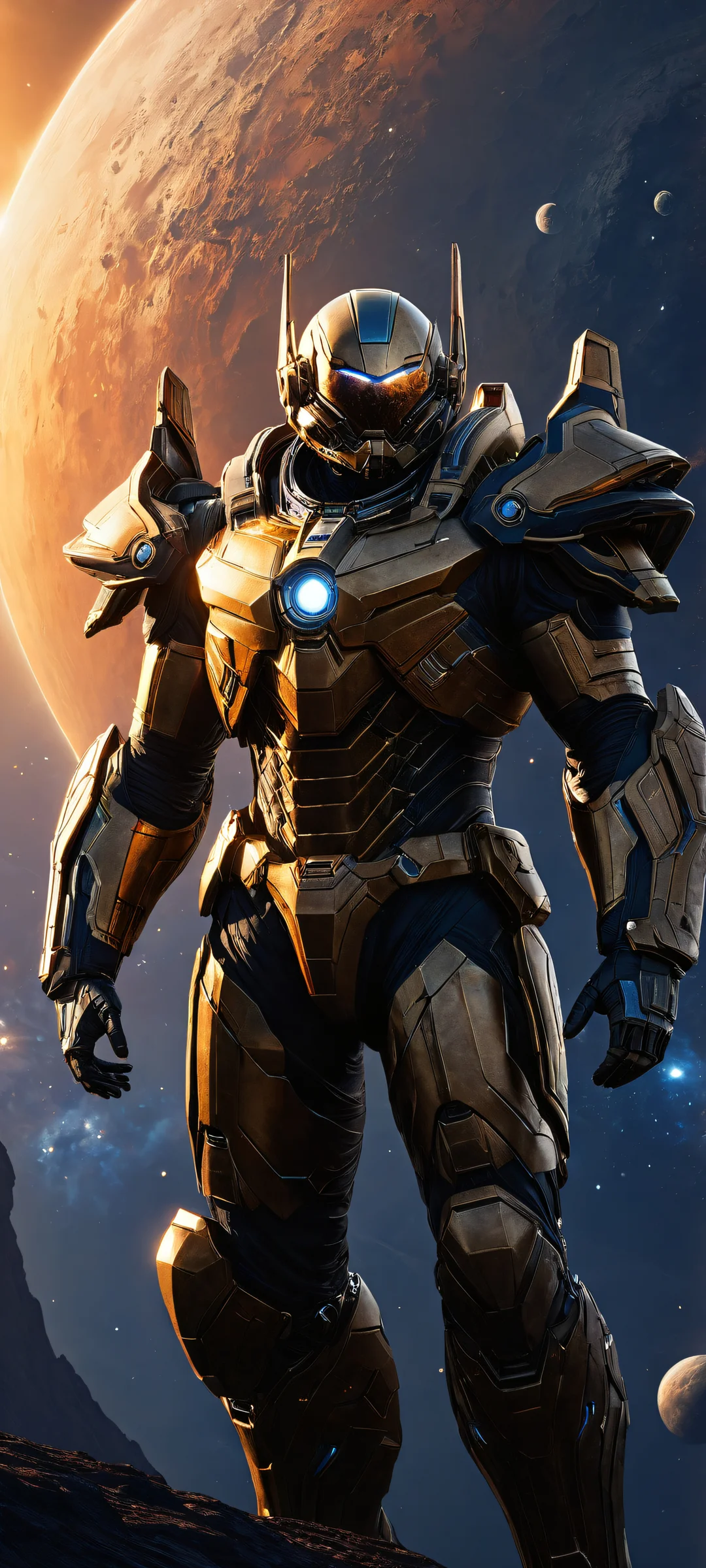 A majestic Aegis Avenger Titan spacecraft against a stunning planetary backdrop on an iPhone or Android phone. Perfect for dark mode enthusiasts and space lovers.