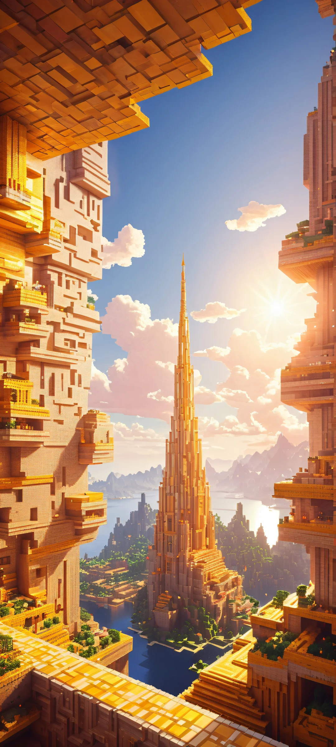 A breathtaking portrait of The Sun surrounded by Minecraft architecture and vast clouds, perfekt für iPhone/Android-Startbildschirme.