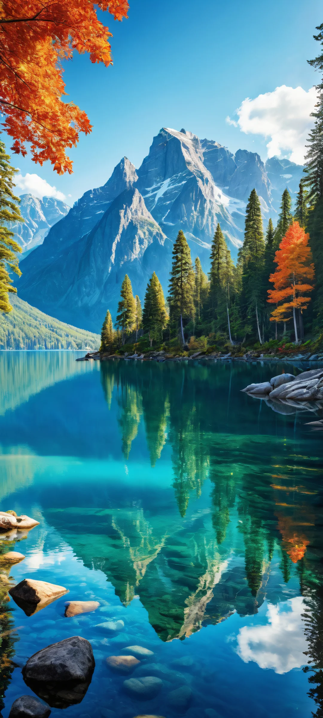 A breathtaking vertical portrait artwork of a serene village surrounded by mountains and forest, reflected in a bright blue lake. Parfait pour les écrans d'accueil iPhone/Android.