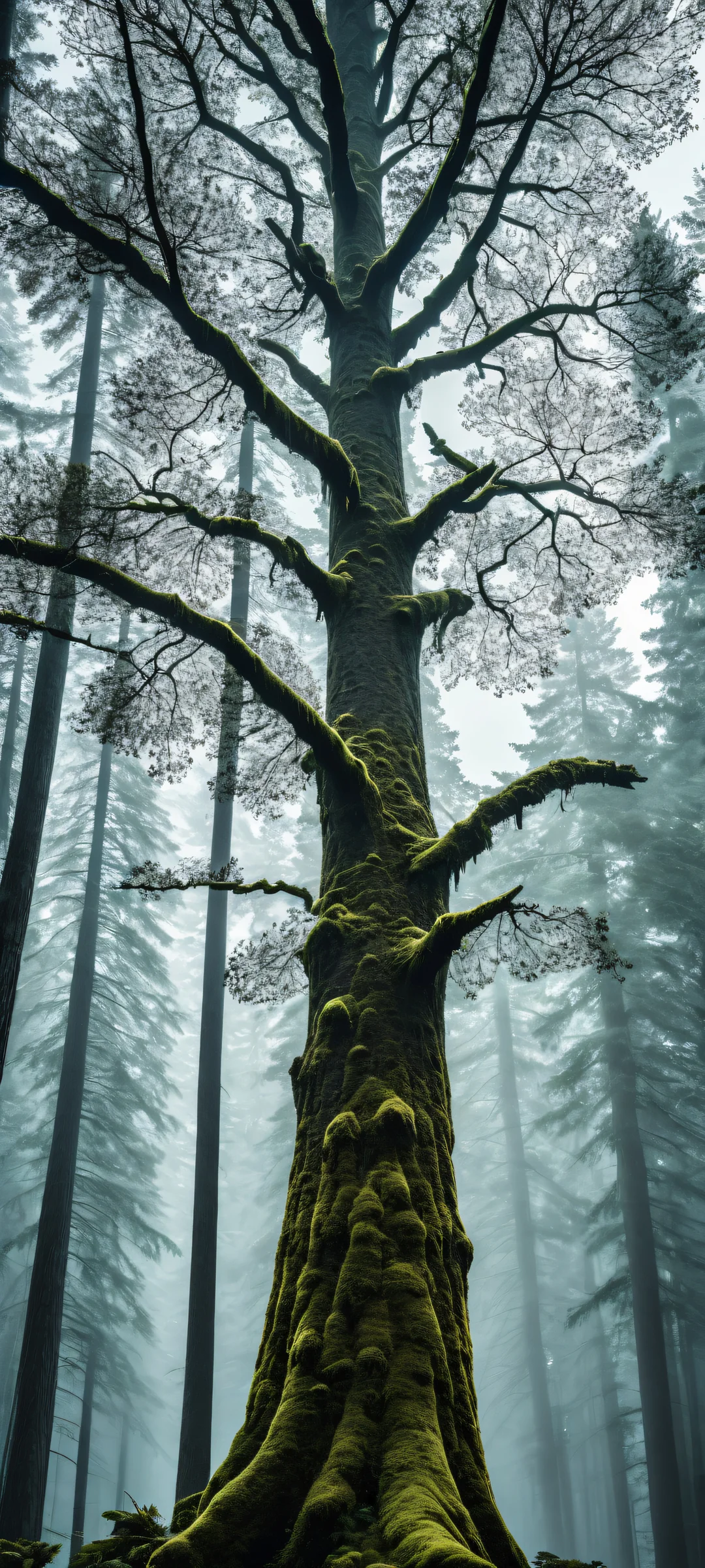 A serene and breathtaking digital art of trees, perfekt optimiert für iPhone- und Android-Startbildschirme, with intricate micro-details and stunning visual impact.