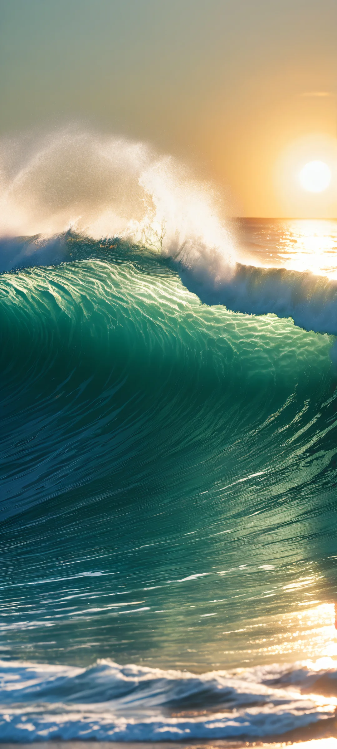 A stunning vertical artwork of waves on an iPhone or Android phone's home screen, with a perfectly clean and empty top half and a serene landscape below.