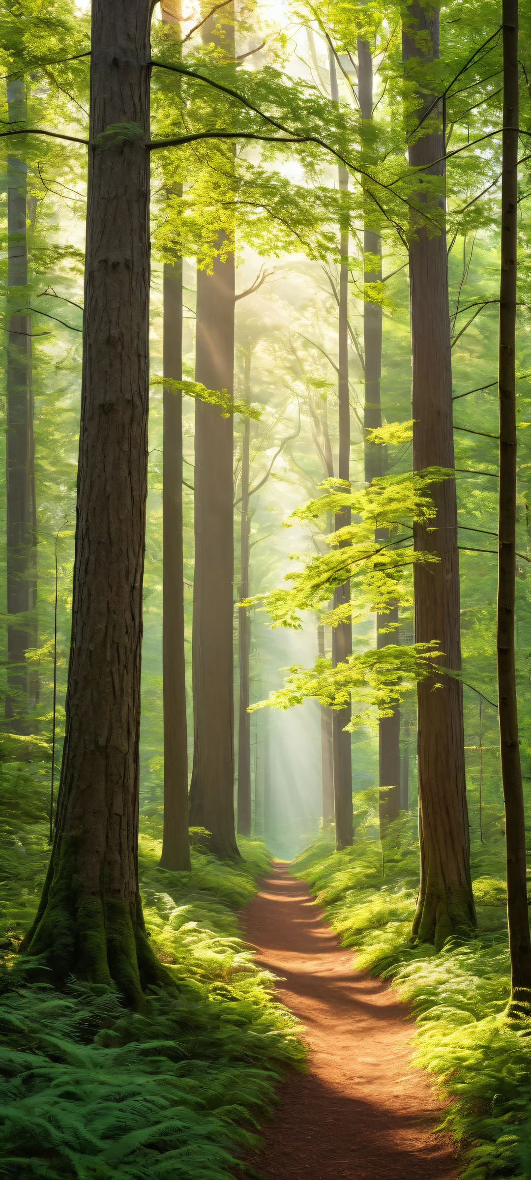 iPhone and Android users will be mesmerized by this breathtaking portrait artwork featuring lush trees, intricately detailed leafy branches, and a serene summer forest landscape with radiant sunlight filtering through the canopy above.