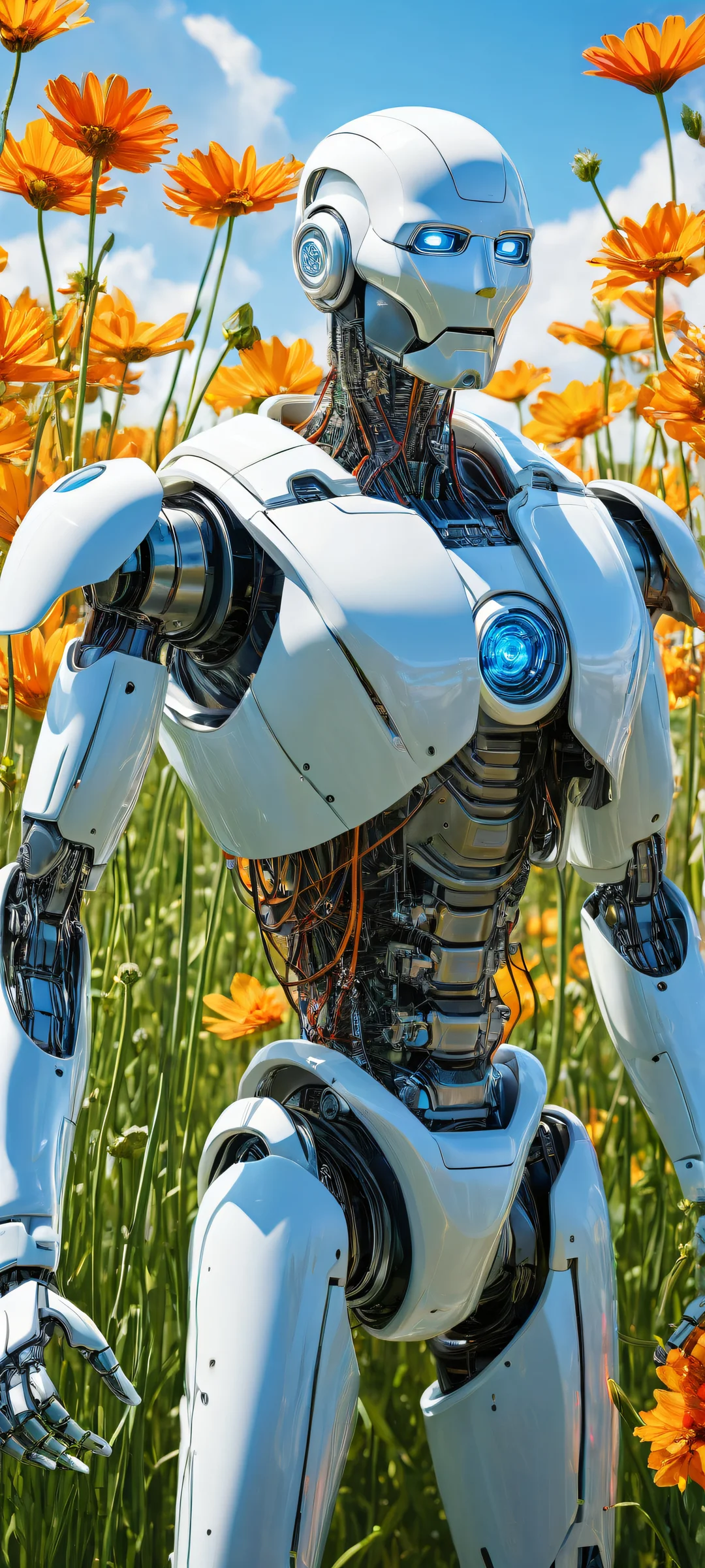iPhone and Android users alike will be mesmerized by this stunning futuristic robot artwork amidst a serene natural landscape, with intricate circuit board details and vibrant flowers.