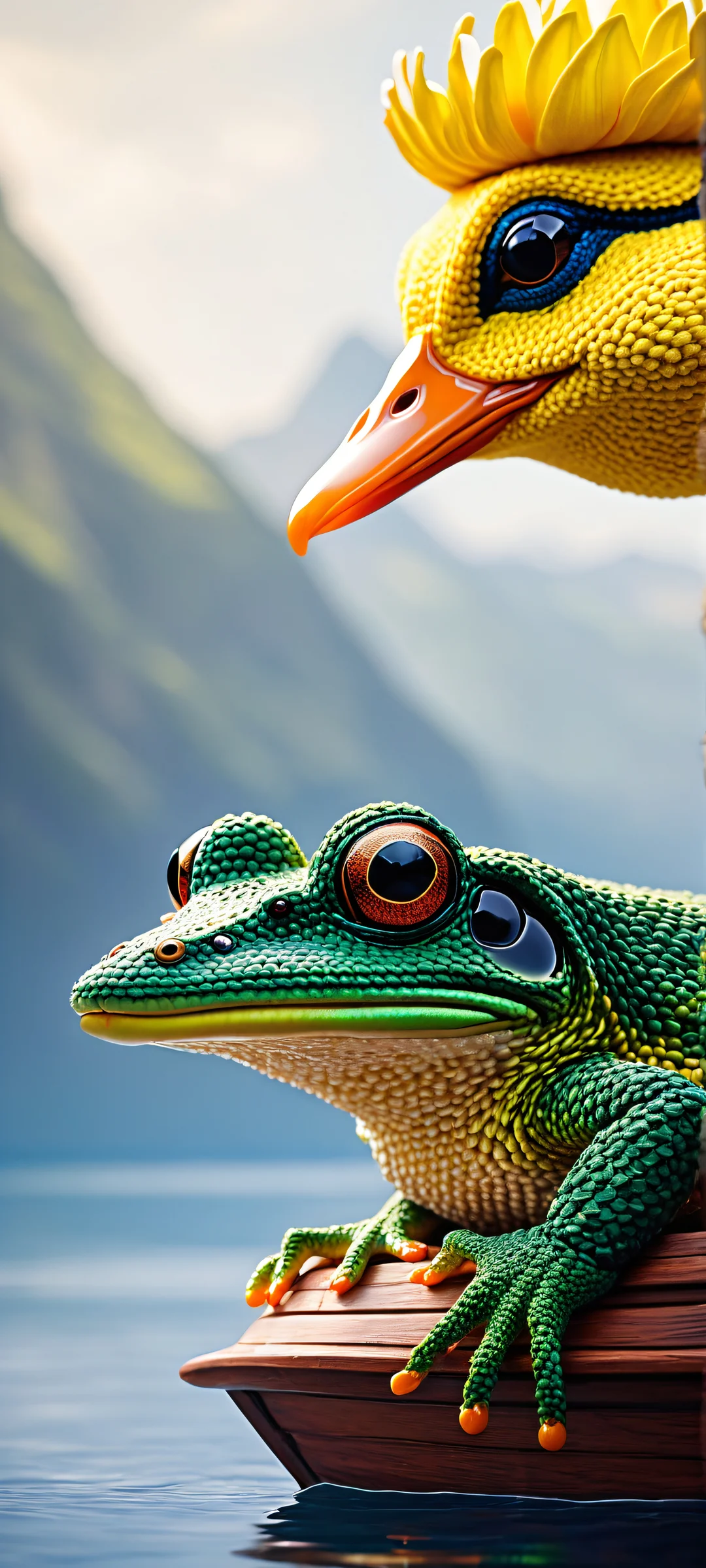 Embracing Serenity Aesthetic Phone Wallpaper A serene scene of a crocheted frog and duck duo embracing each other at the tip of a majestic ship, perfectly optimized for iPhone/Android home screens.