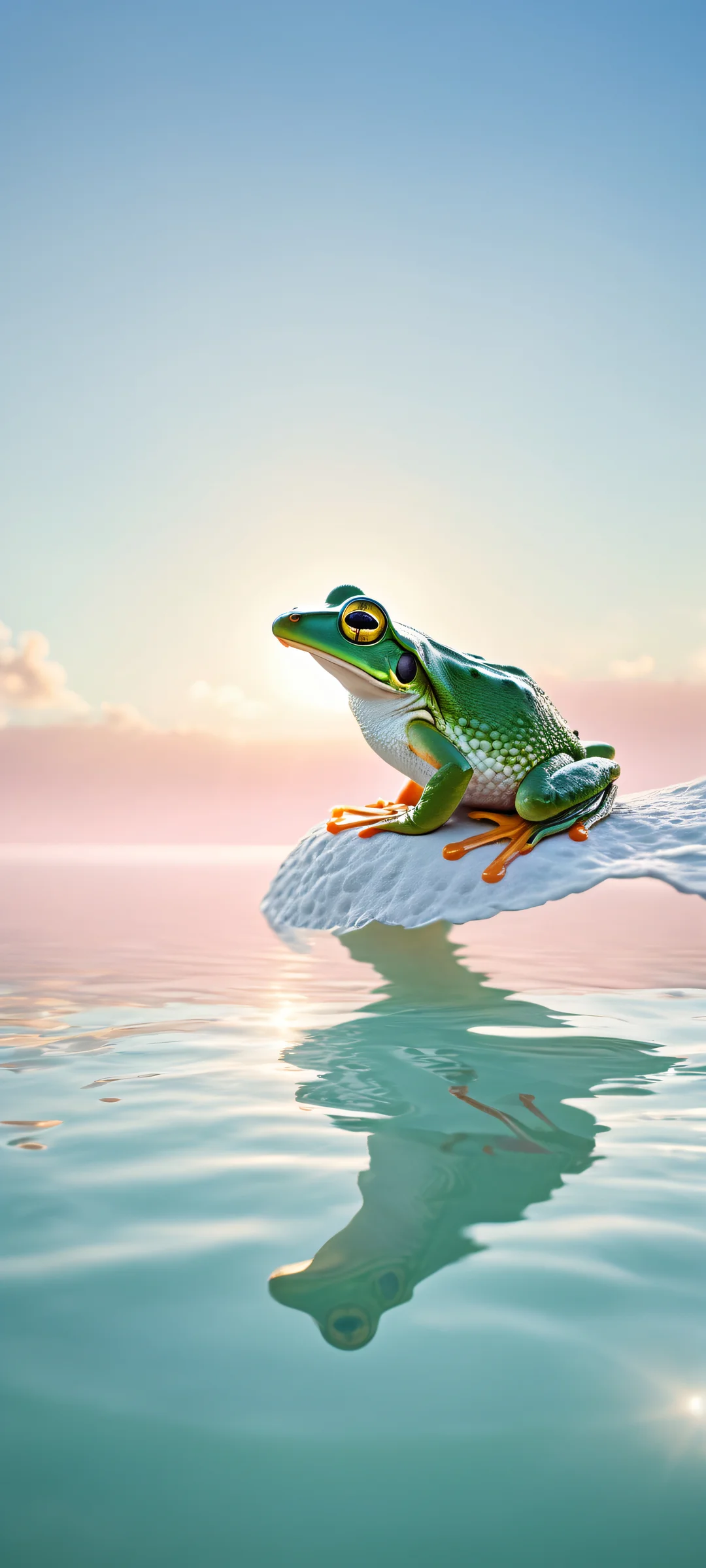 Embracing Serenity Aesthetic Phone Wallpaper A beautifully crafted crocheted frog and duck embracing each other at the tip of a ship, surrounded by an ethereal oceanic landscape, perfectly optimized for iPhone, Samsung Galaxy, and Android home screens.