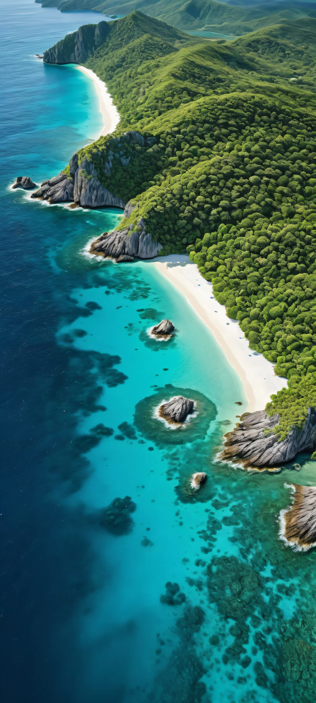 A breathtaking iPhone/Android mobile wallpaper featuring the Emerald Islands with vibrant turquoise waters, lush green islands, and intricate coral reefs.