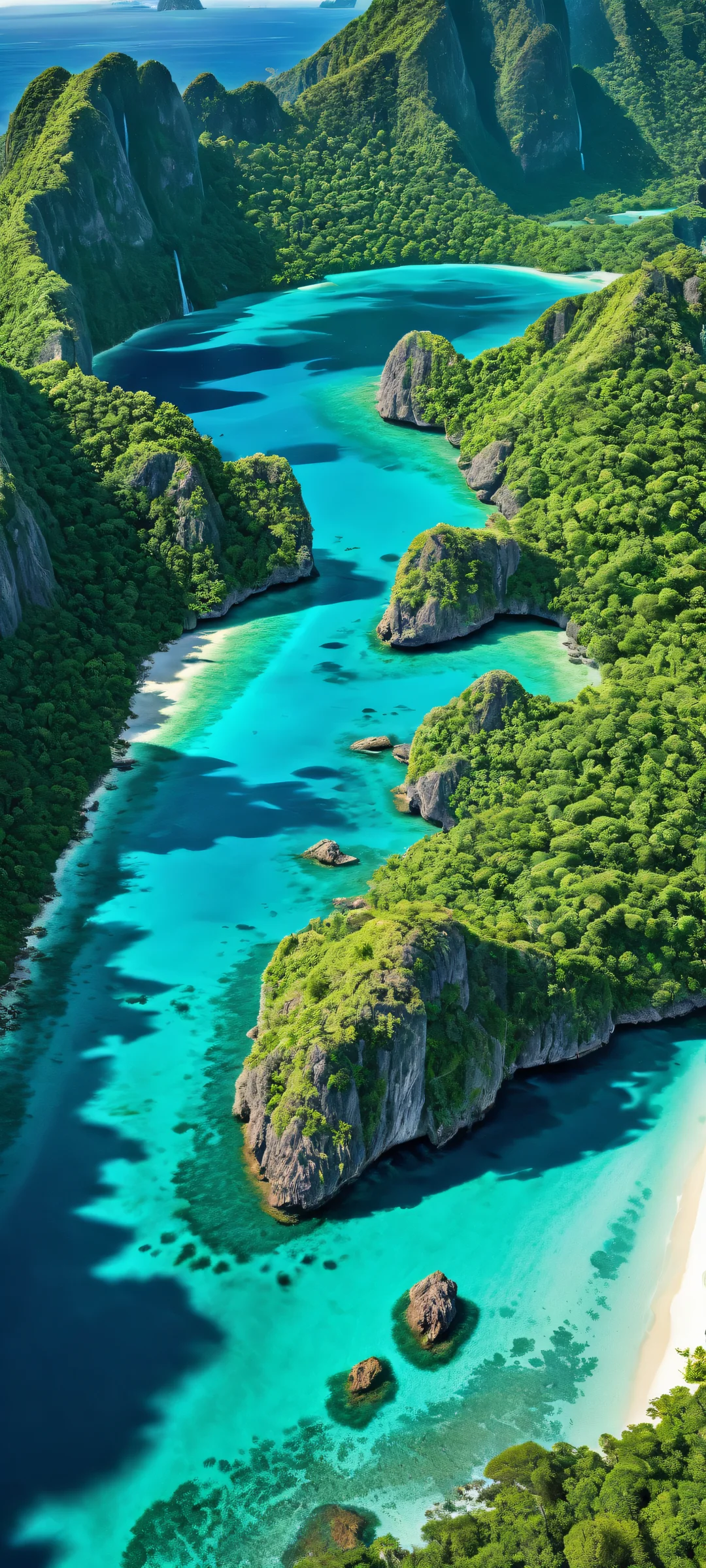 Breathtaking vertical portrait artwork of Emerald Islands on iPhone/Android, with intricate micro-details on coral reefs and waterfalls.