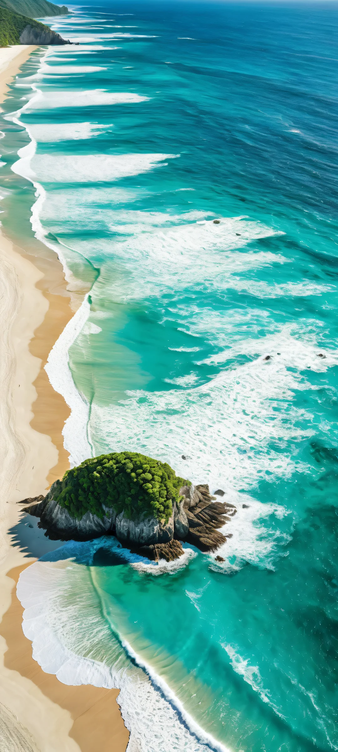 A serene and breathtaking vertical portrait artwork of lush emerald islands on a vast turquoise ocean, perfeitamente otimizado para telas iniciais de iPhone e Android.