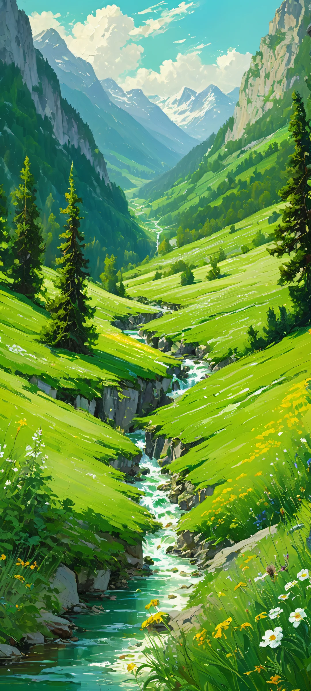 iPhone and Android wallpaper featuring a stunning emerald-green Alpine valley with thriving vegetation and oil painting brushstrokes.