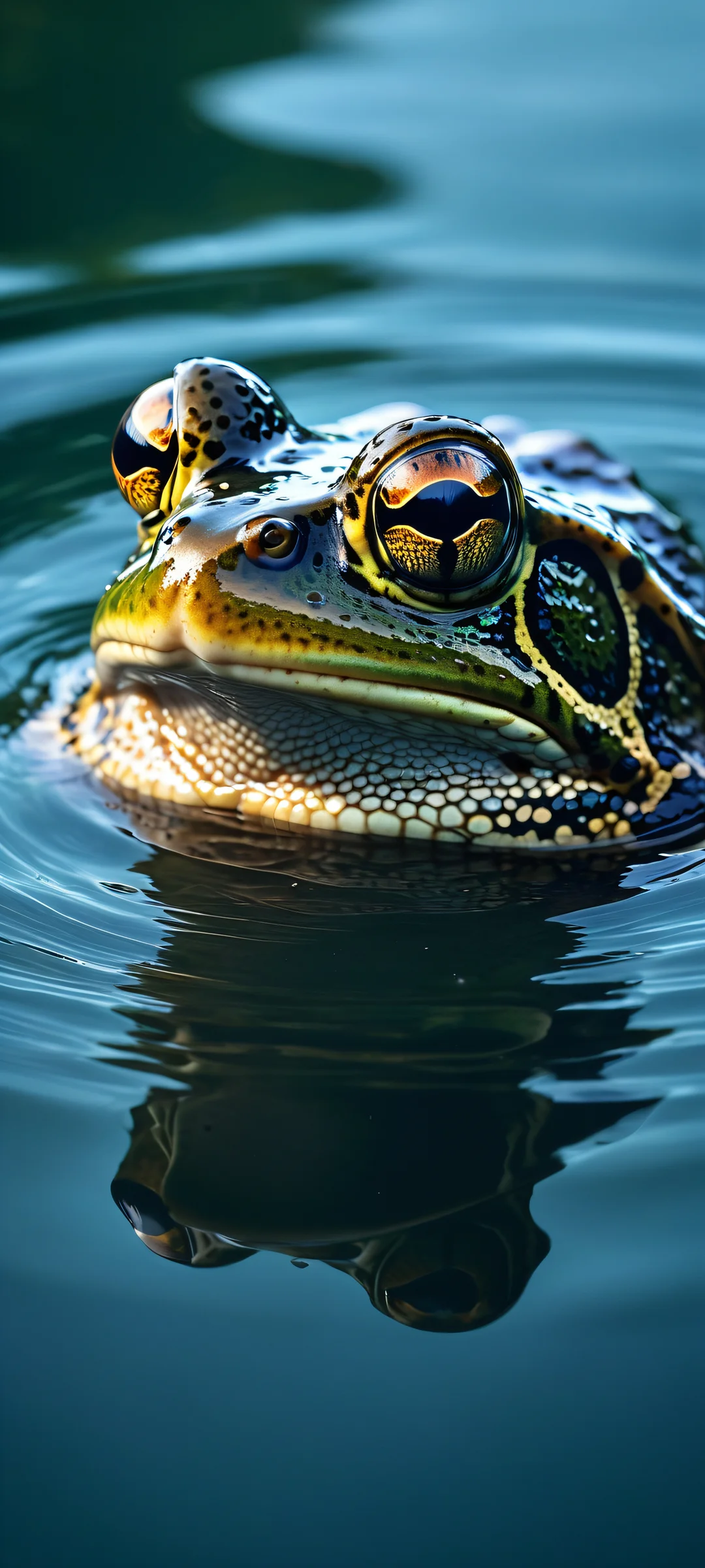 A majestic frog emerges from dark water on an iPhone or Android home screen, with intricate details and a serene atmosphere.