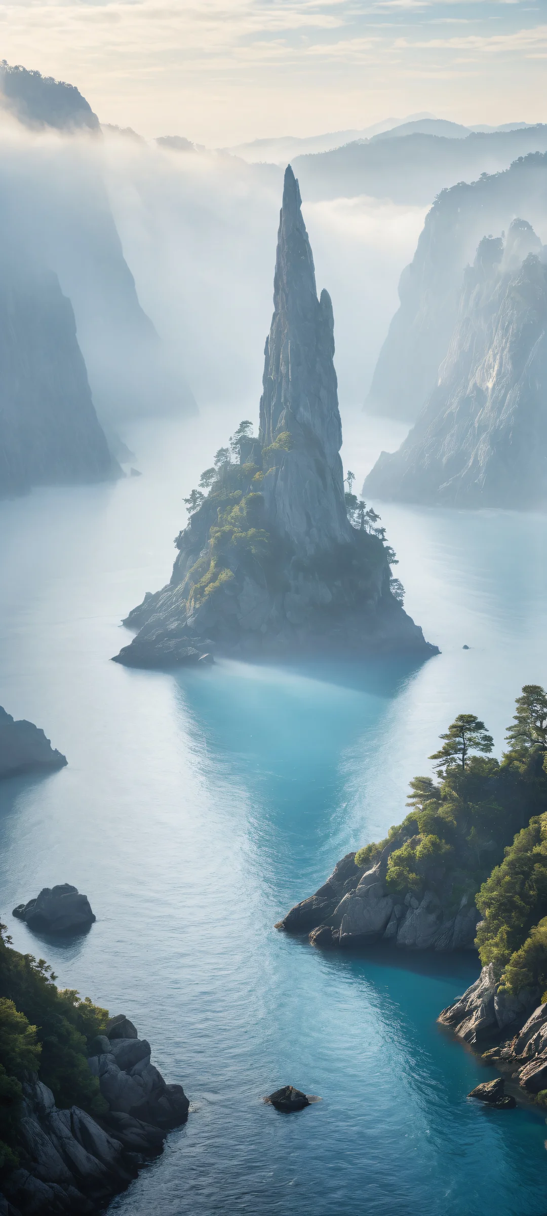 Mysterious Shapes emerge from the fog on an iPhone/Android screen, with ethereal lighting and radiant colors.