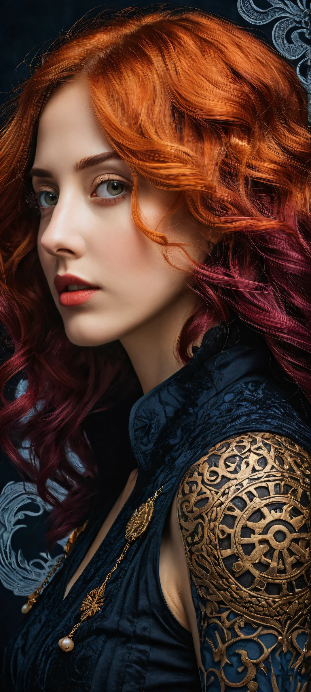 Stunning portrait of Emily Rudd from Nami's world, featuring intricate micro-details of One Piece characters and symbols on iPhone/Android.