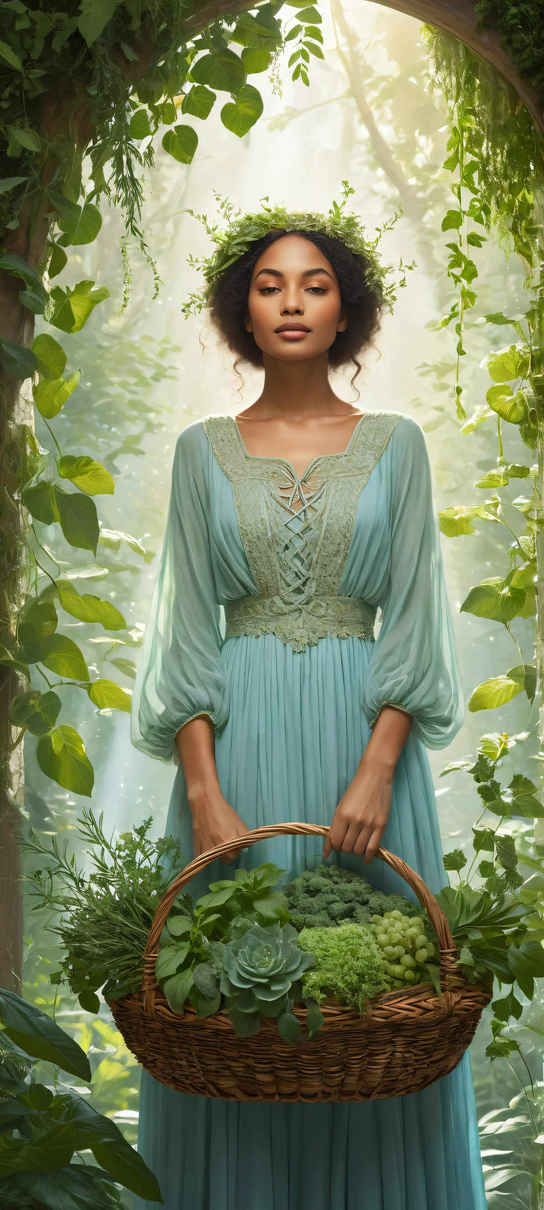 Delicate witch amidst lush greenery and intricate plants on iPhone/Android