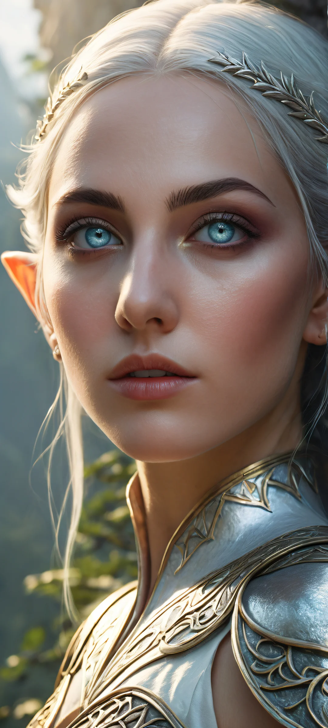 Beautiful elf girl on iPhone/Android wallpaper with mystical surroundings and ethereal lighting