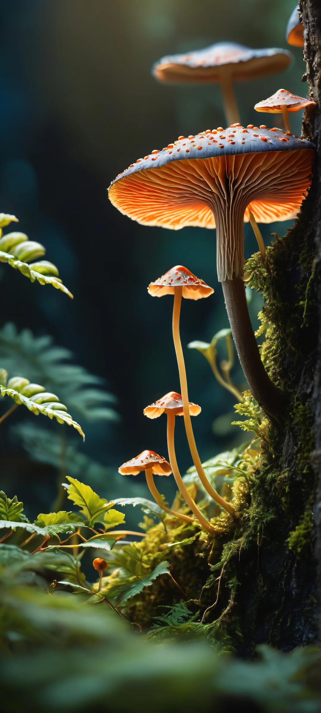 iPhone/Android dark mode wallpaper featuring enchanting fungi in a lush botanical landscape with striking contrast and luminescent highlights.