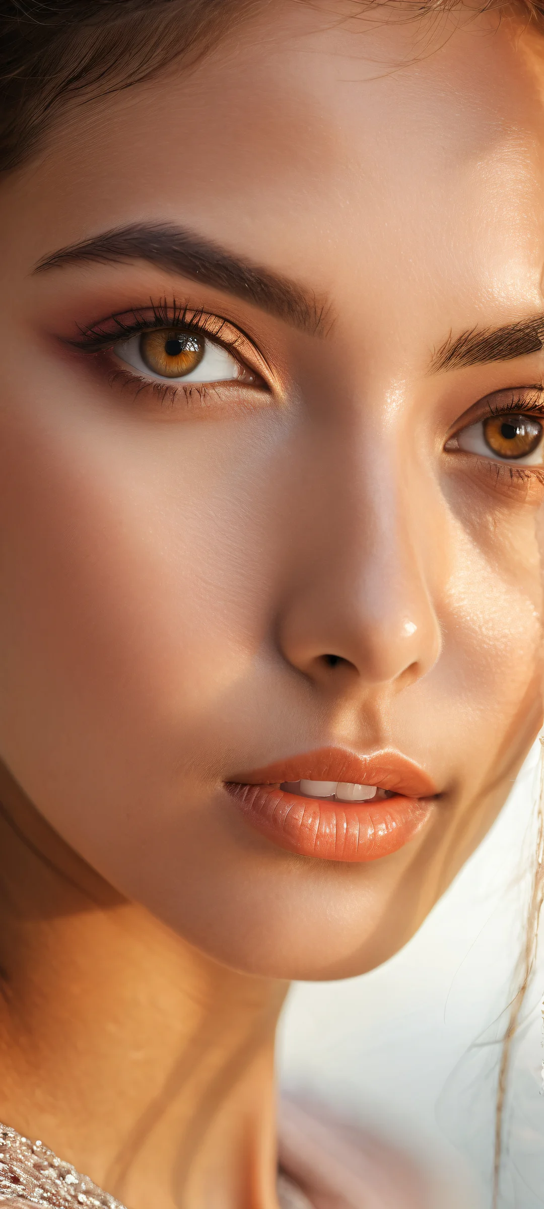 A captivating girl with intricate eyelashes and eyes gazing at the viewer, set against a vast pure void on an iPhone or Android device.