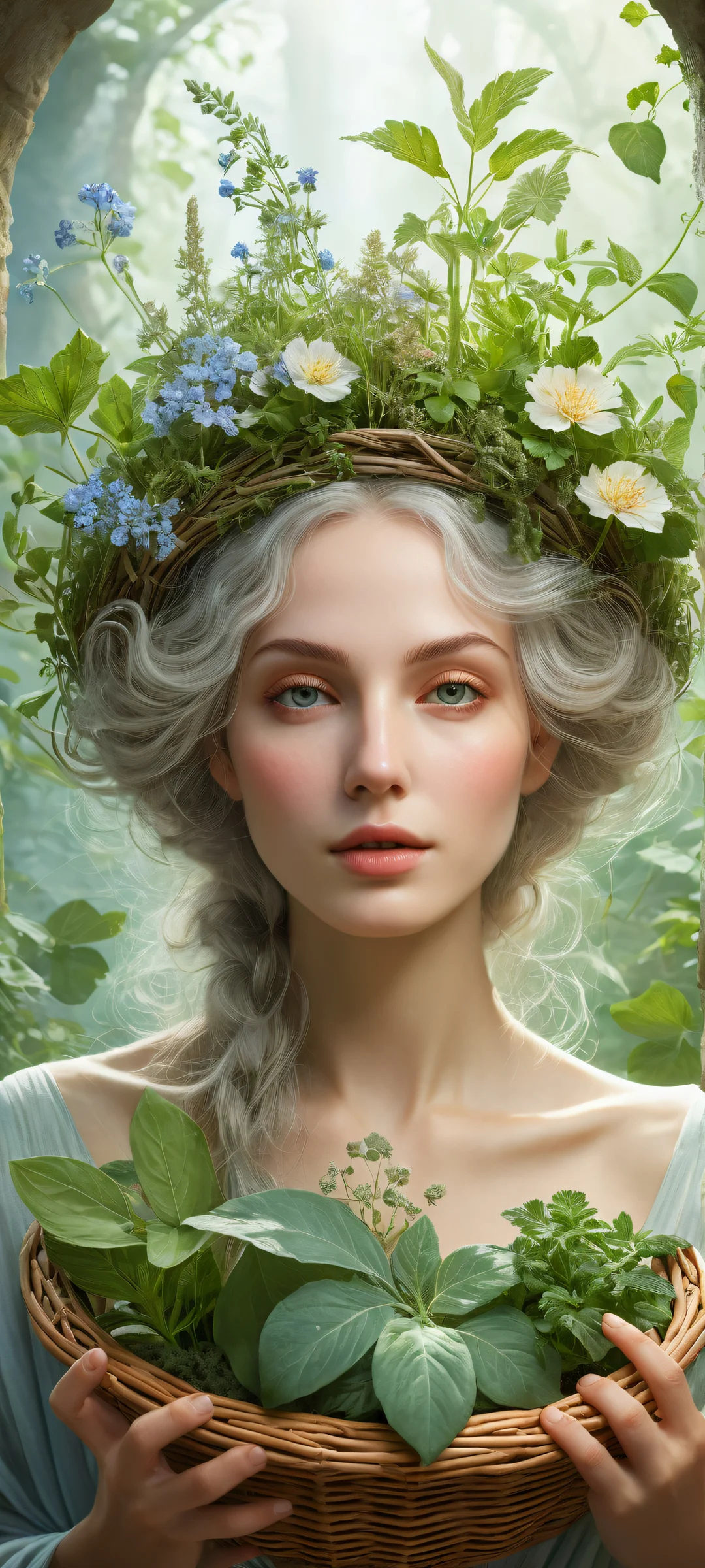 A delicate witch surrounded by a lush botanical garden on an iPhone or Android device.