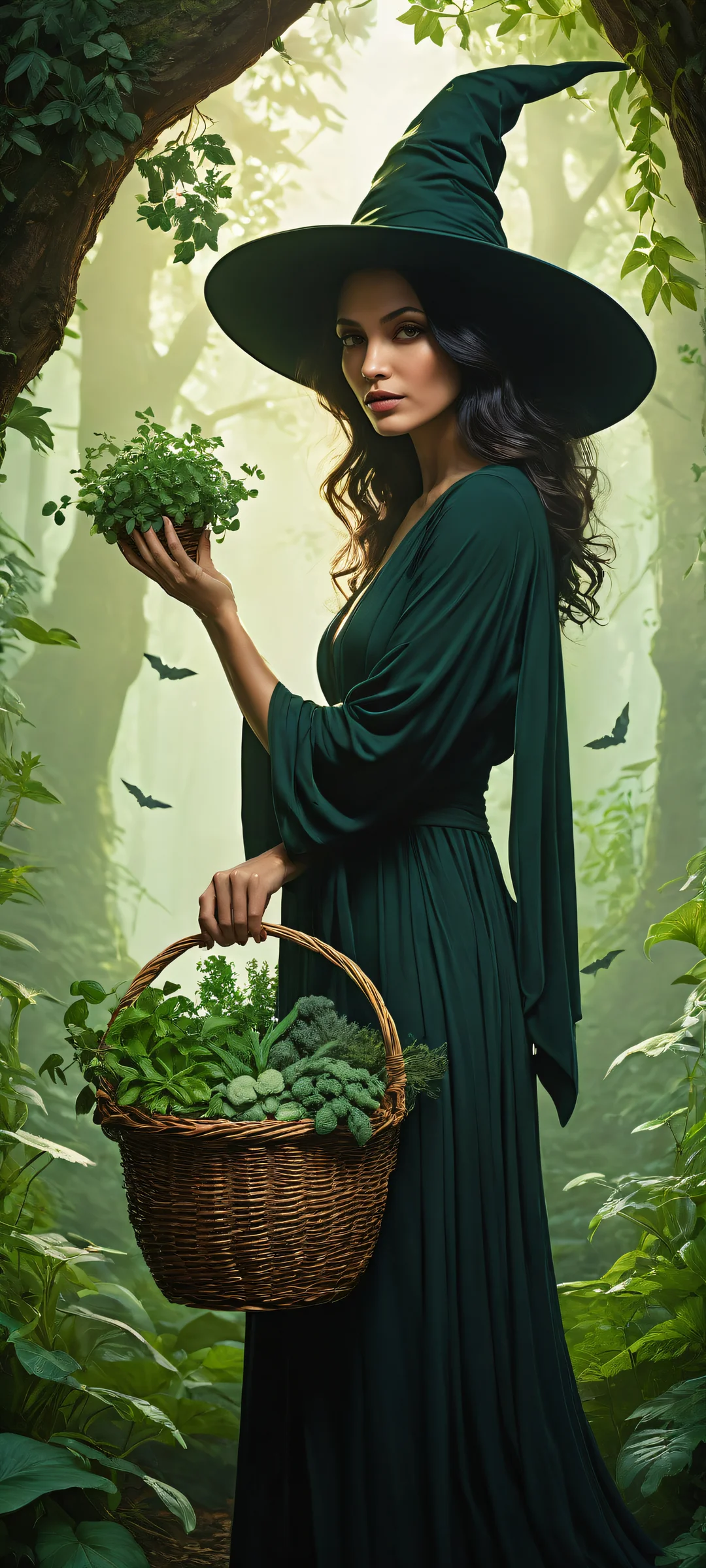 A witch's delicate hand places a grab basket overflowing with lush herbs and vibrant plants on an empty void, iPhone/Androidのホーム画面に完全に最適化.