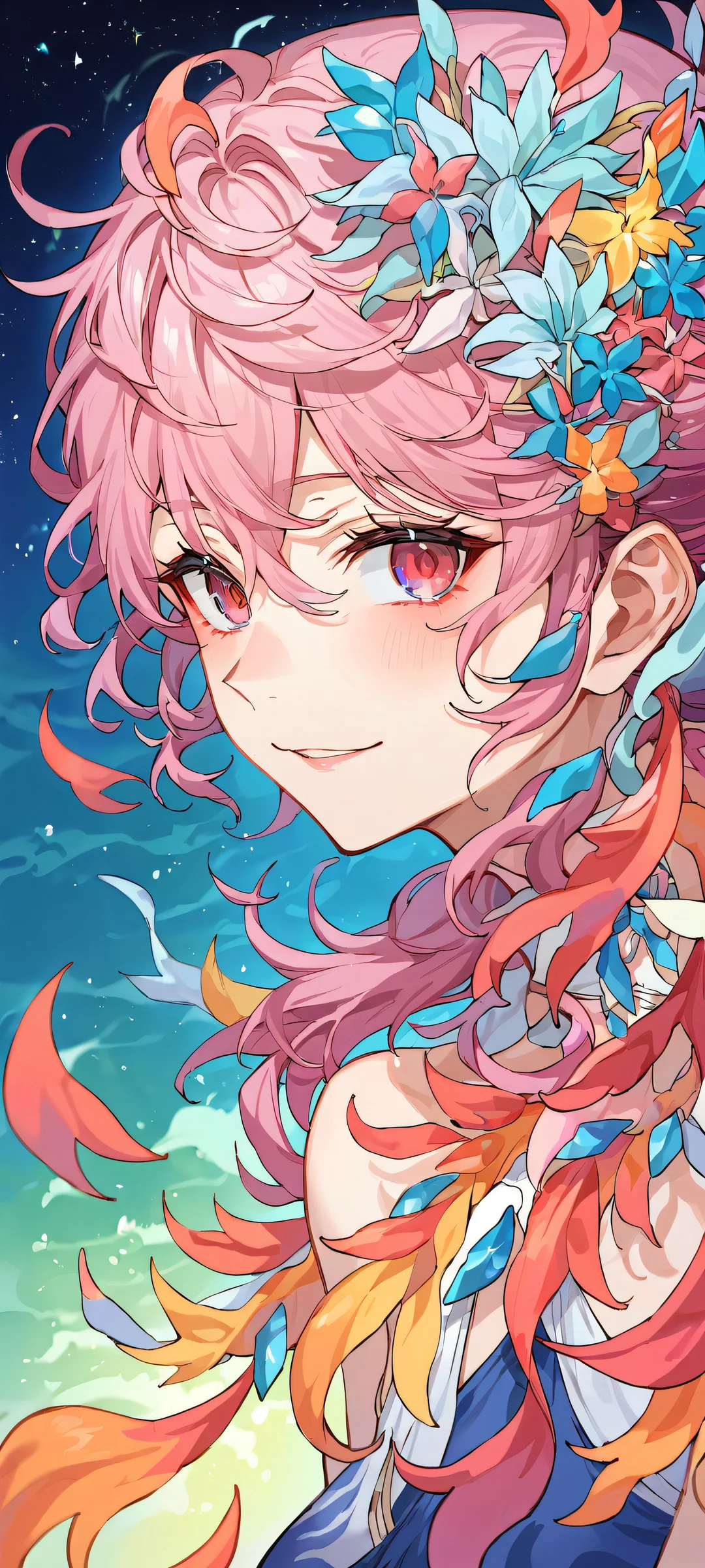 Anime girl with long pink hair and high heels sitting in front of an underwater scene with wuthering waves, perfekt optimiert für iPhone/Android-Startbildschirme.