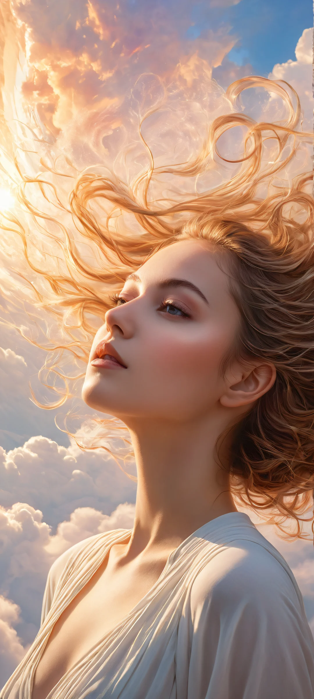 One enchanting girl in a stunning vertical portrait surrounded by soft clouds and wispy tendrils, iPhone/Androidのホーム画面に完全に最適化.