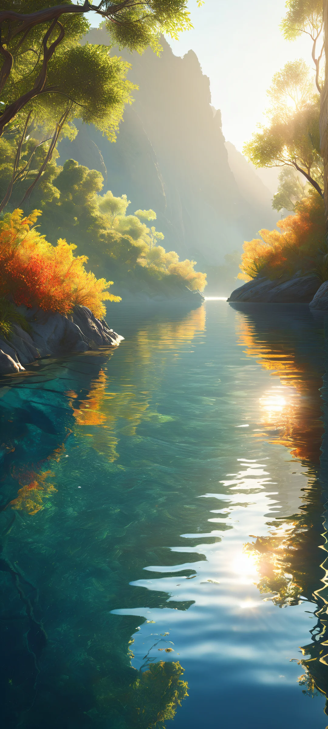 A serene iPhone/Android mobile wallpaper featuring the Enchanted River artwork with intricate water details and a picturesque valley in the background.