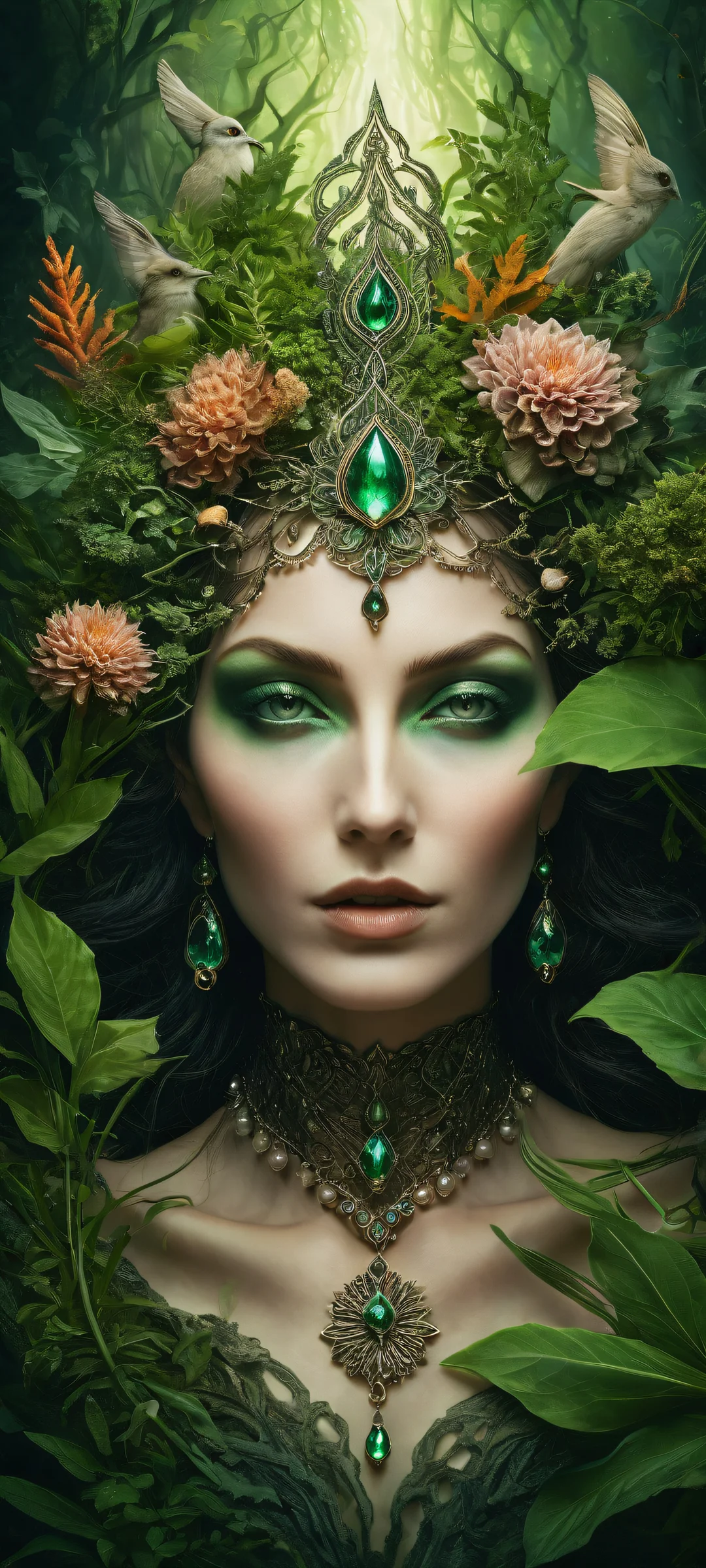 A mystical portrait of an enchanted witch surrounded by ancient botanical scrolls and fungi specimens, iPhone/Androidのホーム画面に完全に最適化.