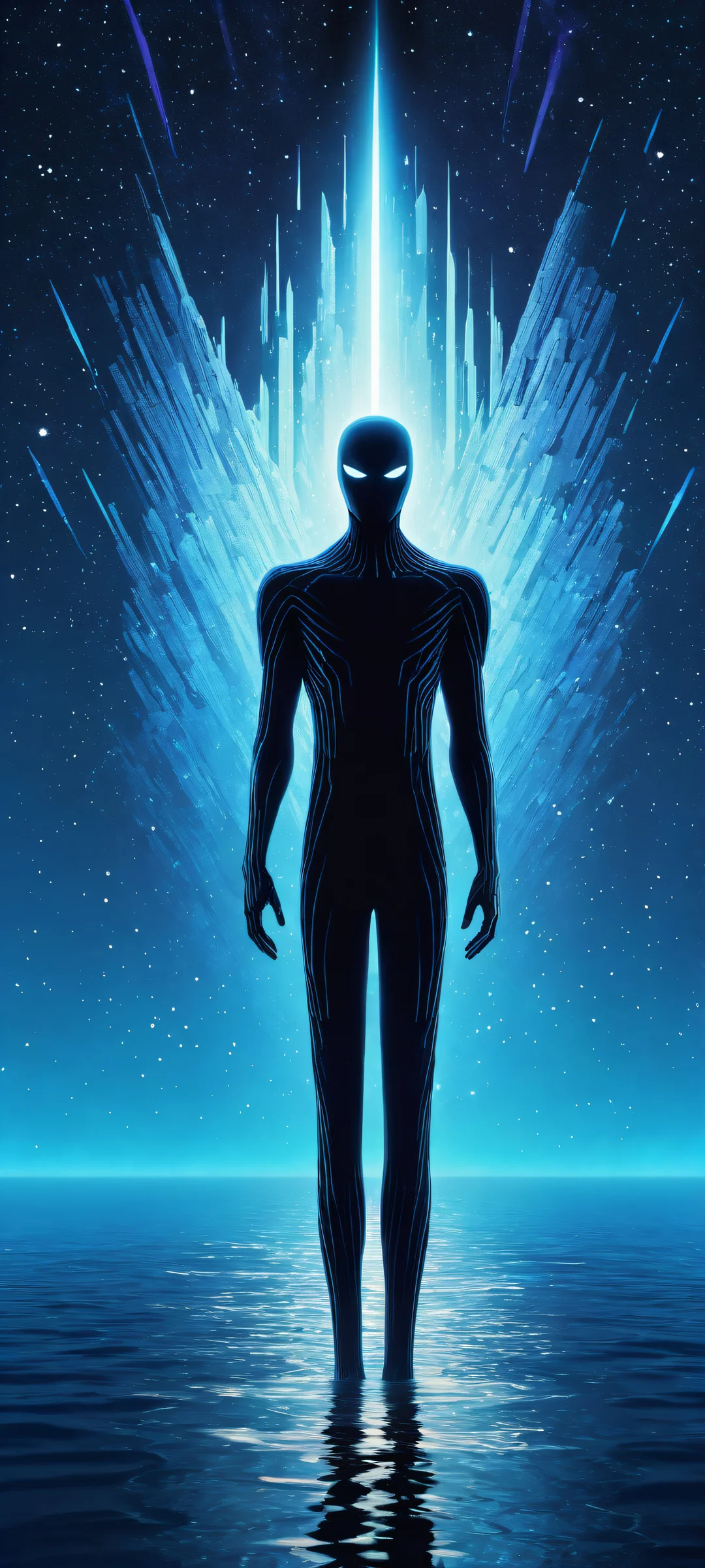 A serene enderman figure stands amidst a star-filled sky, iPhone/Android wallpaper with ray-traced reflections and brilliant colors.