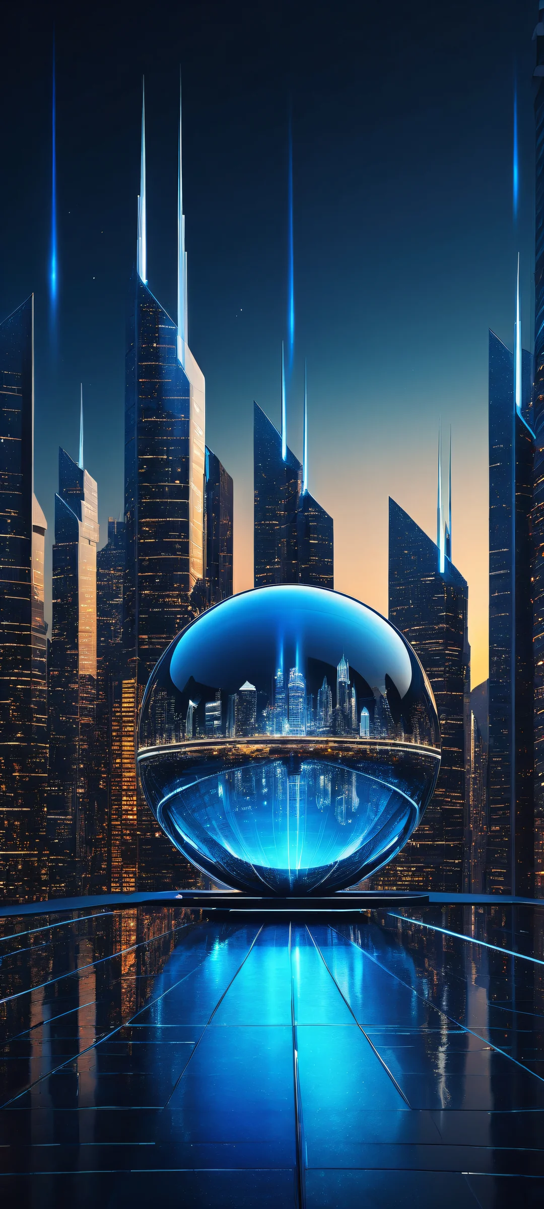 Energy spheres on iPhone/Android home screen with sleek cyberpunk cityscape in the background.