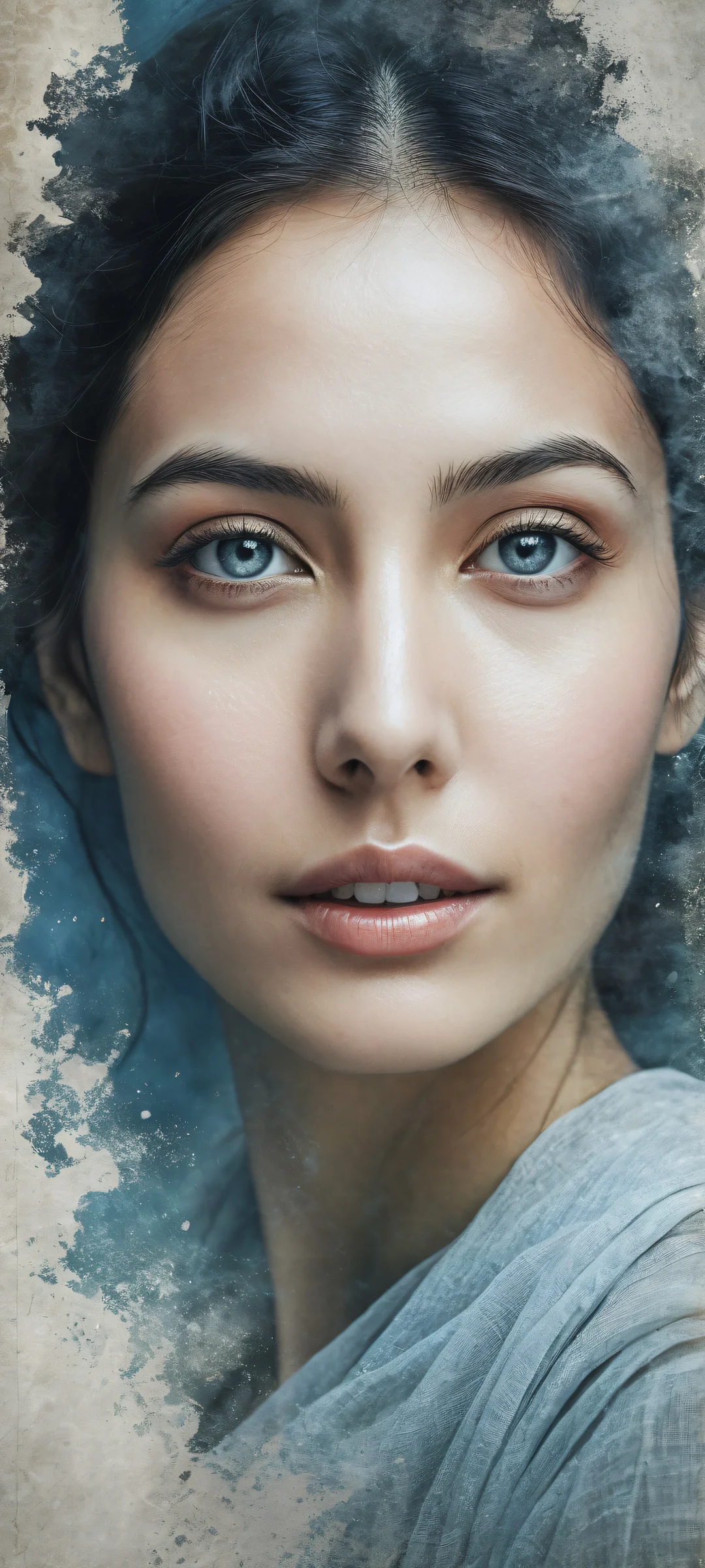 Enigmatic Portrait 2K QHD Mobile Wallpaperperfeitamente otimizado para telas iniciais de iPhone/Android Mysterious woman's portrait with intricate details and subtle grunge effects on a dark background, perfectly optimized for iPhone/Android home screens.