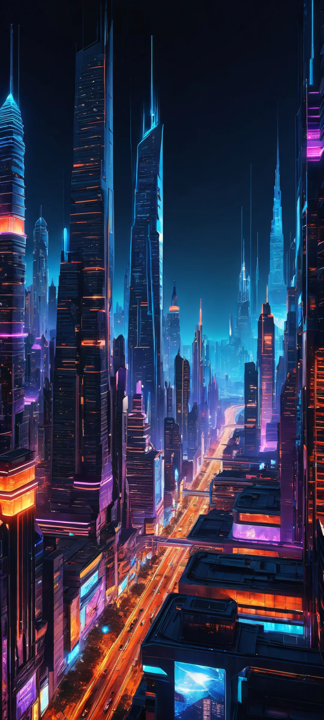 Breathtaking neon-lit cityscape on a dark background, parfaitement optimisé pour les écrans d'accueil iPhone et Android.