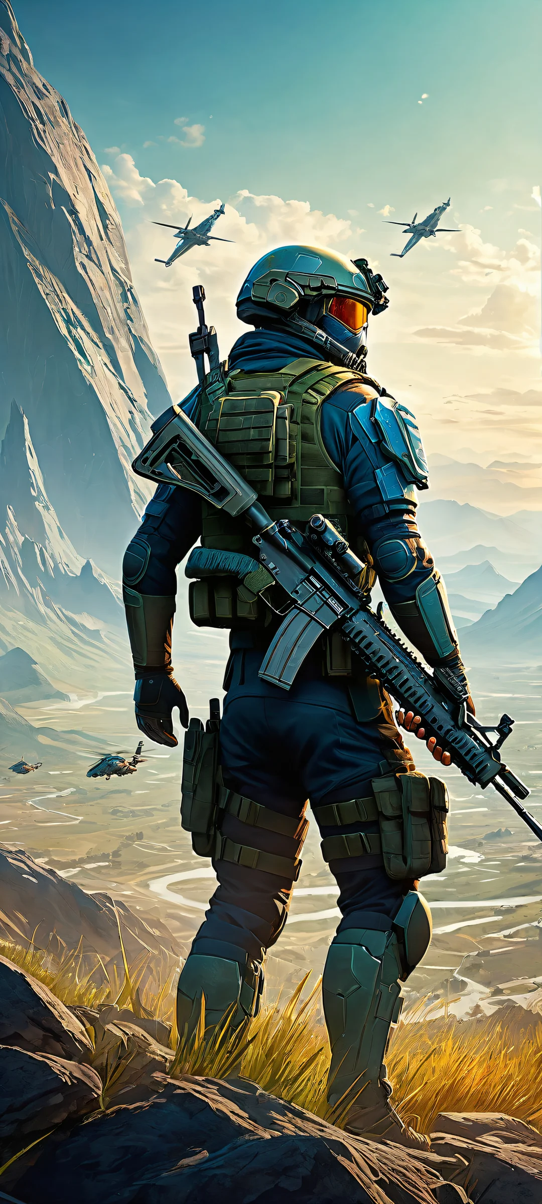 Video game characters standing with assault rifle and helmet, looking away from the viewer. Perfectly clean top half and vast open battlefield landscape stretching out to infinity. iPhone/Android compatible.