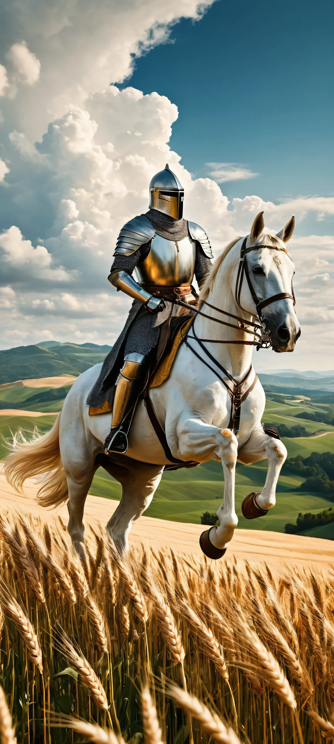 A majestic knight stands victorious amidst a breathtaking medieval landscape on iPhone/Android. Perfect for dark mode home screens.