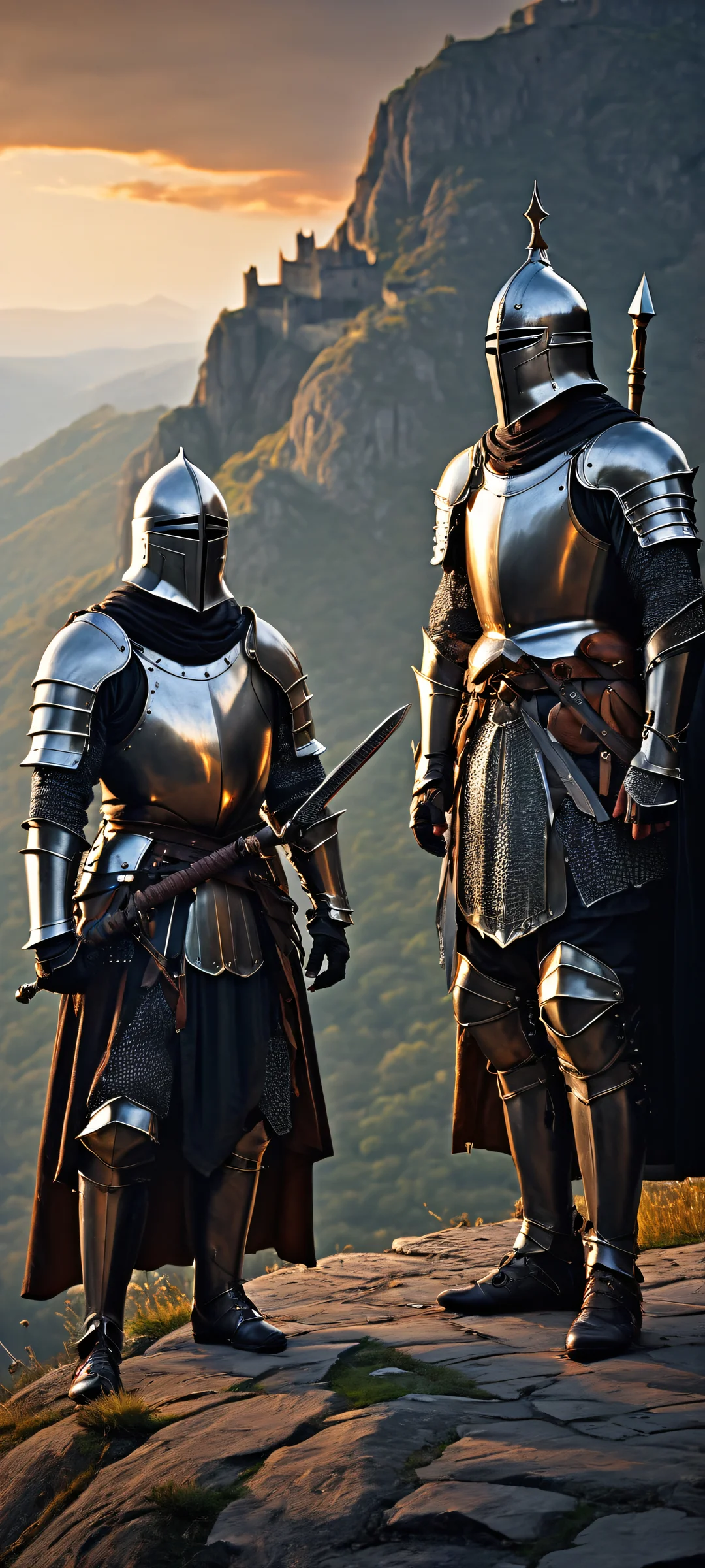 A knight and his friend in medieval armor standing on a hillside with a misty mountain range in the background, suitable for iPhone/Android home screens.