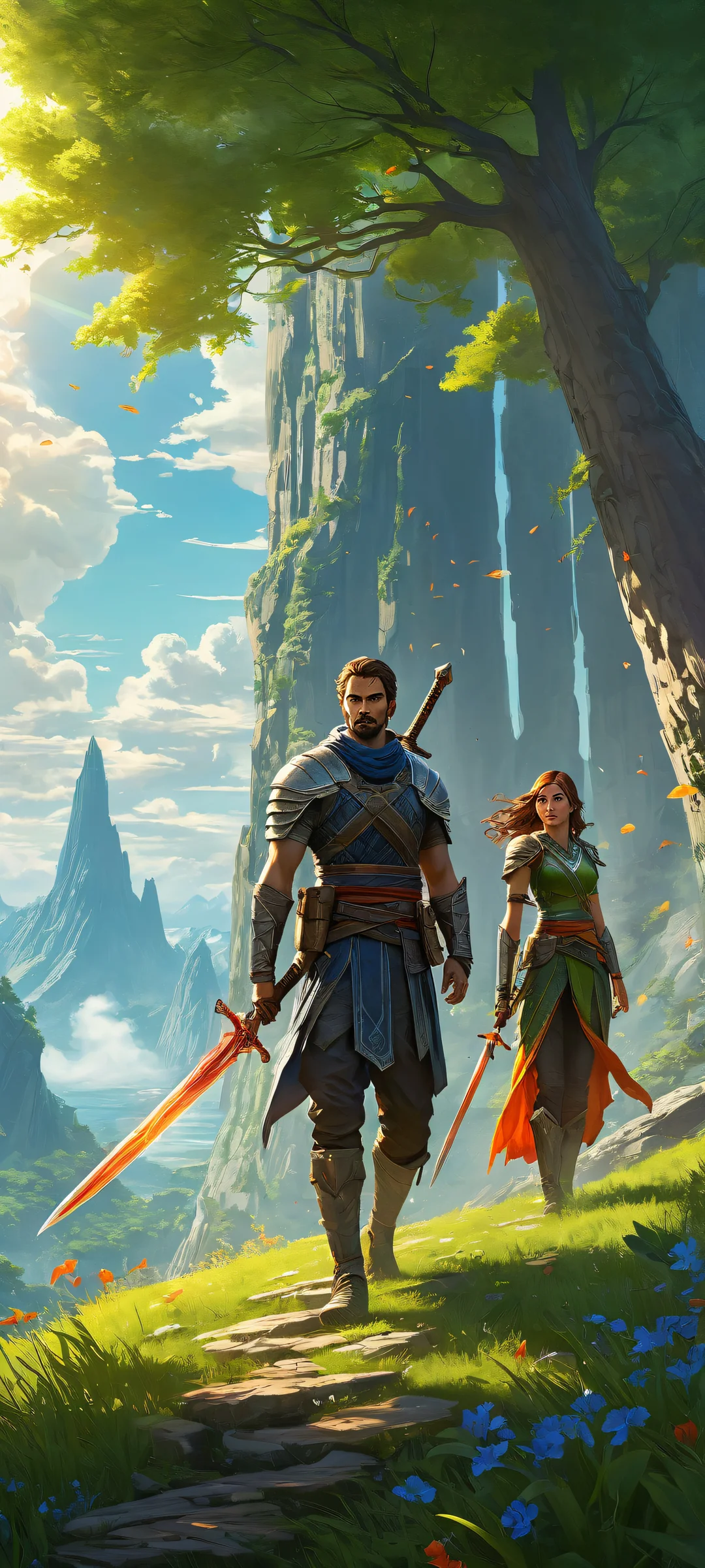 Two video game characters standing and holding swords against a backdrop of pure void and lush grassy landscape, perfekt optimiert für iPhone/Android-Startbildschirme.