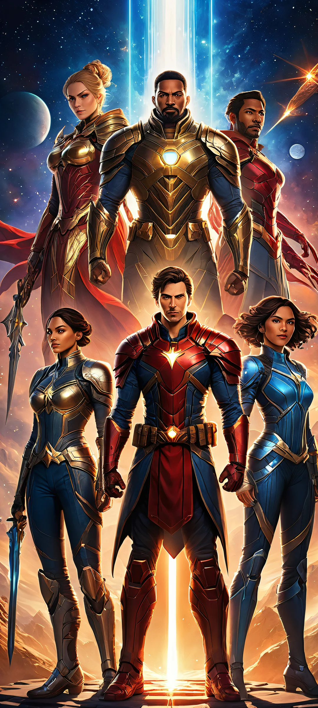 A group of strong video game characters standing in front of a pure void backdrop on an iPhone or Android device.