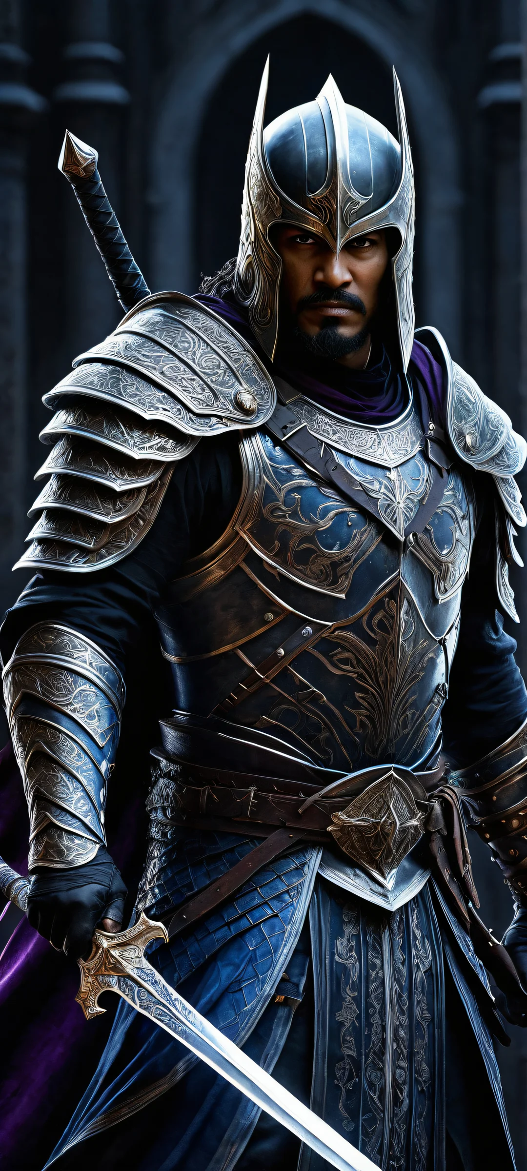 iPhone/Android wallpaper featuring a breathtaking portrait of a sword-wielding warrior in dark mode with deep blues and purples, intricate textures, and stunning visual impact.