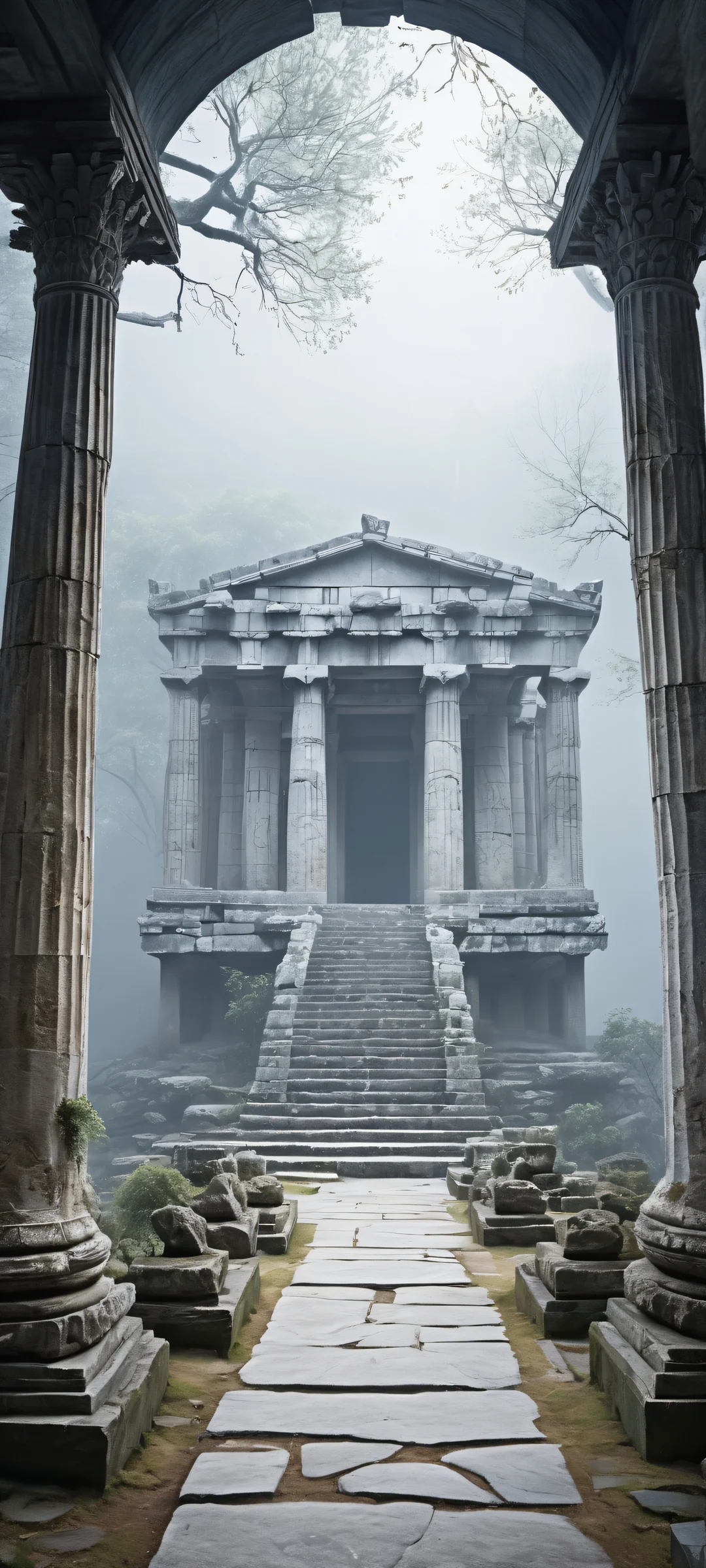 iPhone/Android stunning digital art of an eroded Greek temple in the lower-middle with intricate details, set against a dark gothic forest atmosphere.