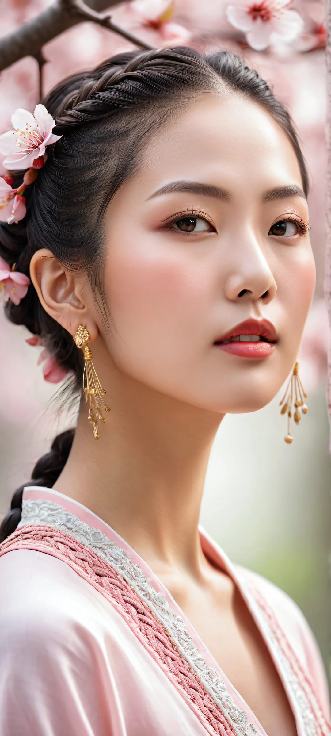 A stunning Asian woman with intricate braids against a serene cherry blossom forest on iPhone and Android devices.