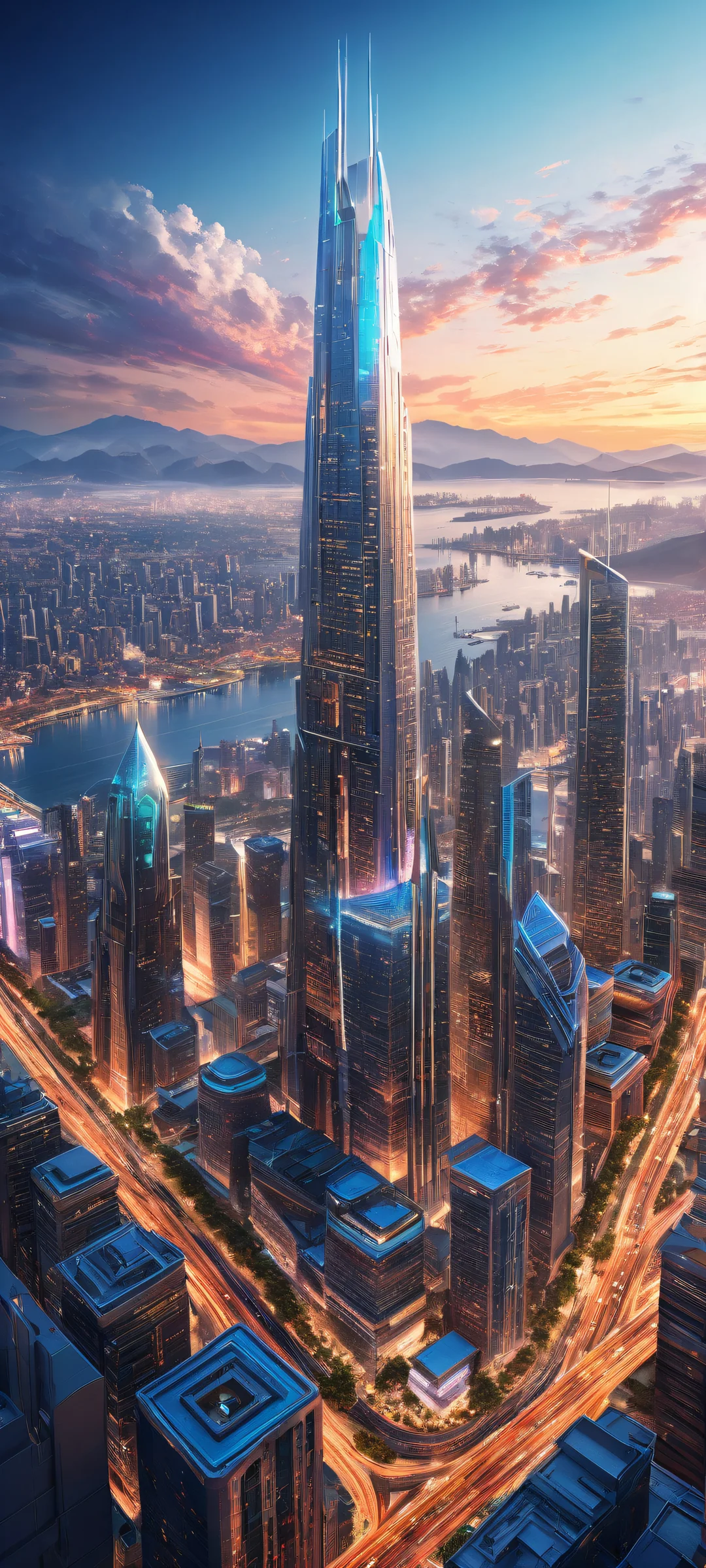 Breathtaking vertical portrait of a futuristic cityscape on an iPhone/Android device, showcasing intricate micro-details and ethereal lighting.