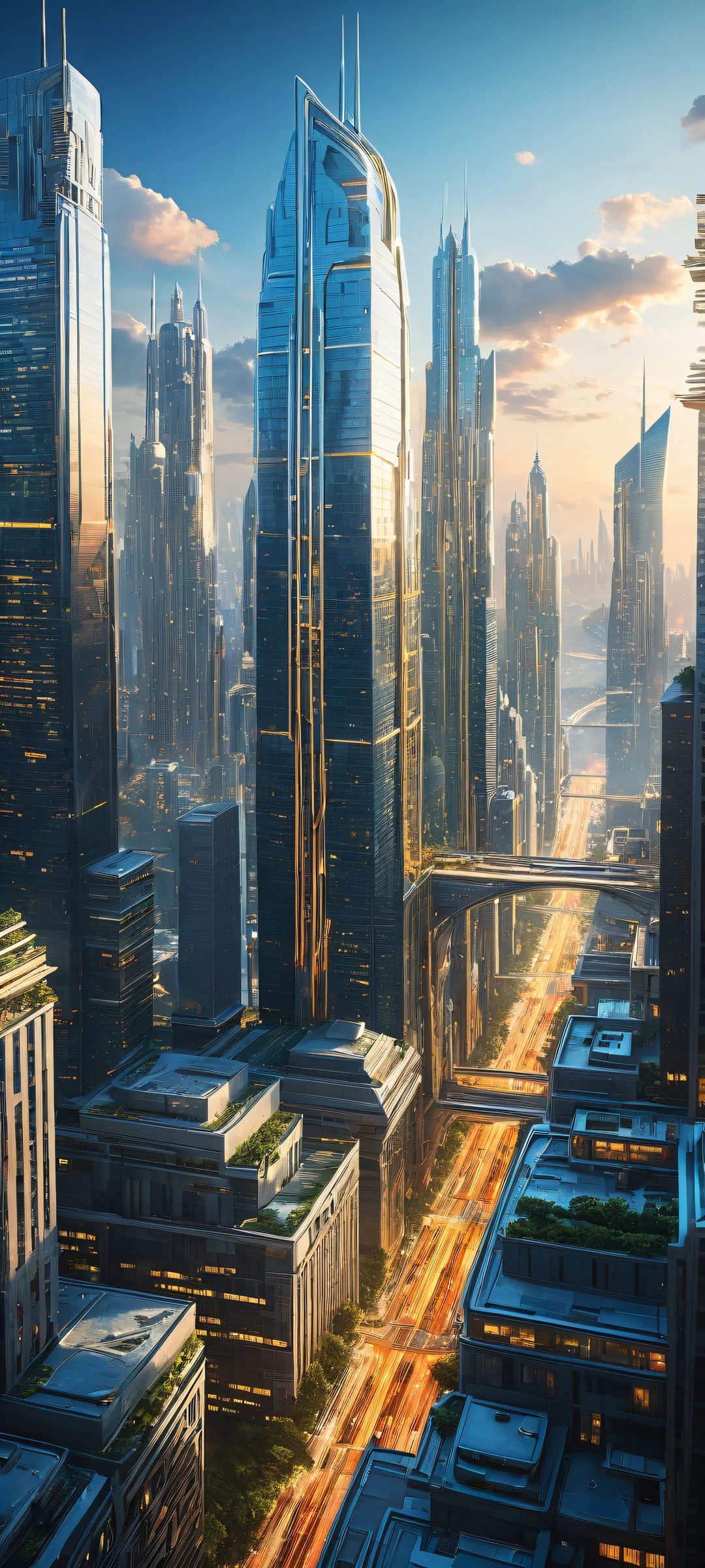A futuristic cityscape on an iPhone or Android device, with intricate details and a striking contrast between the urban landscape below and the pure void above.