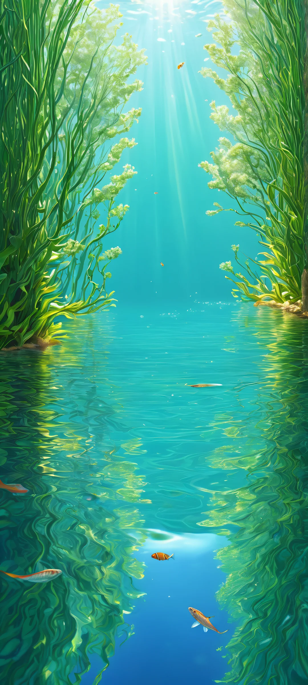 Ethereal Ocean Retreat iPhone & サムスン QHD 壁紙 A serene ocean landscape on an iPhone/Android home screen, featuring insane micro-details of seaweed and tiny fish swimming.