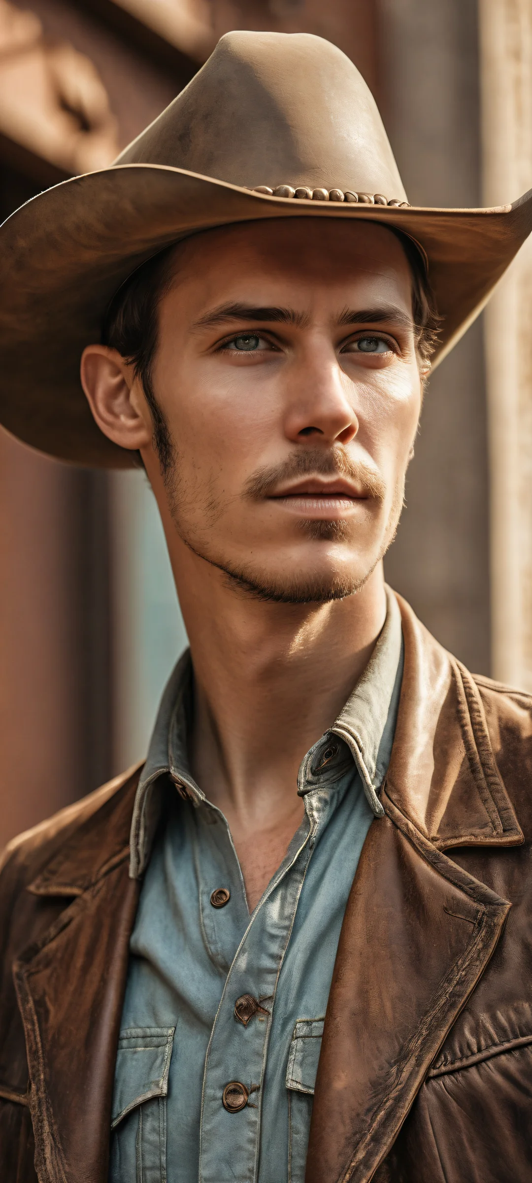 Androgynous Cowboy portrait on iPhone/Android with rustic leather and metal details against a dusty town backdrop, perfect for home screens.