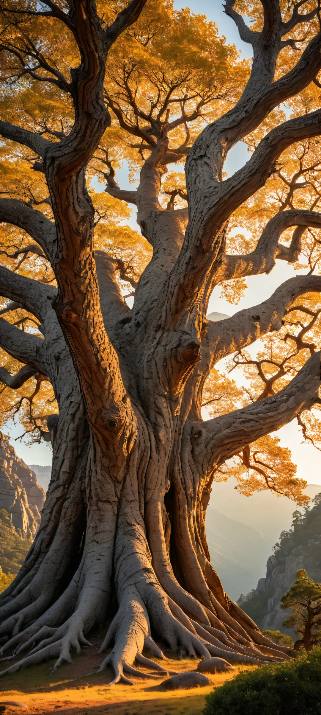 Ancient trees and granite mountains at twilight on an iPhone or Android device.