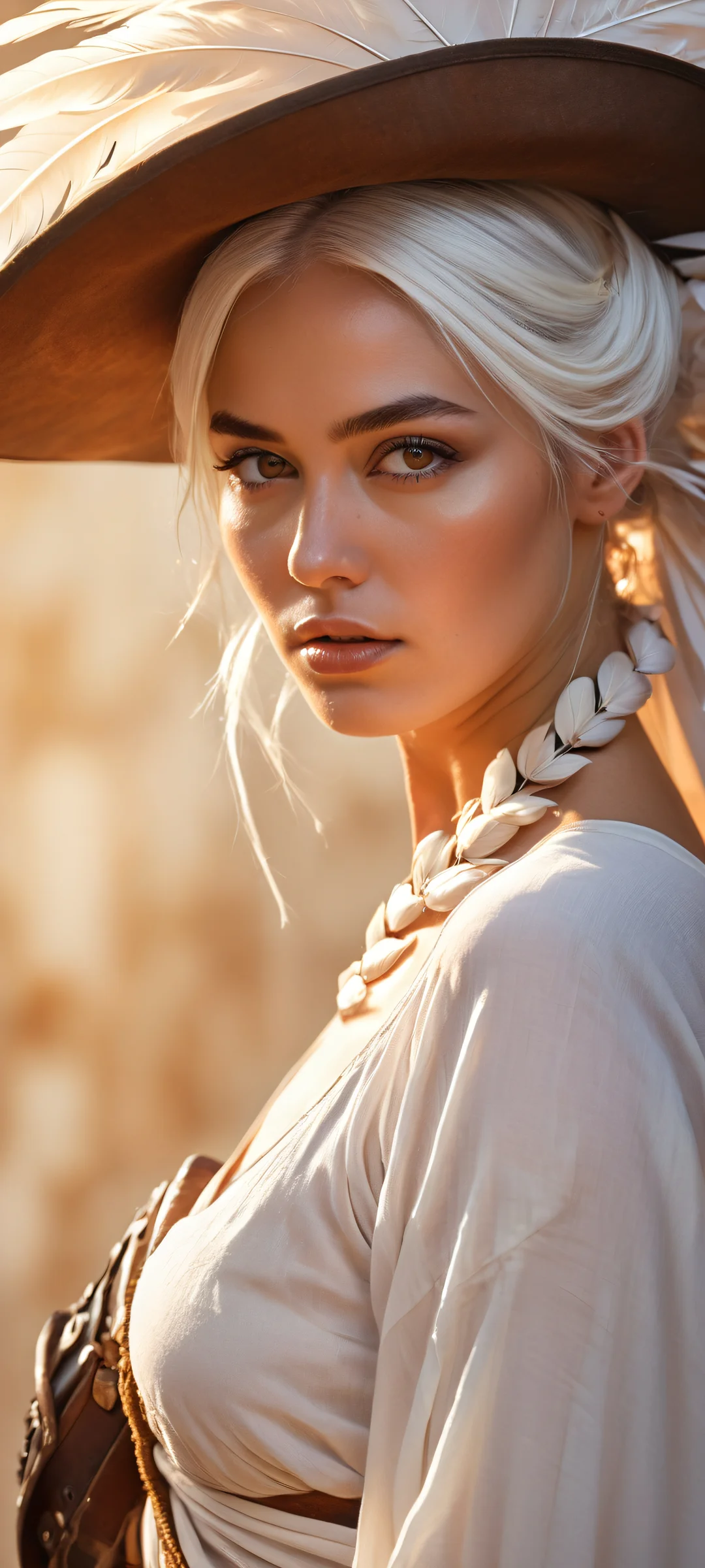 A stunning vertical portrait of a lone woman with long white hair and tricorn hat, poised with sword and pistol, parfaitement optimisé pour les écrans d'accueil iPhone/Android.