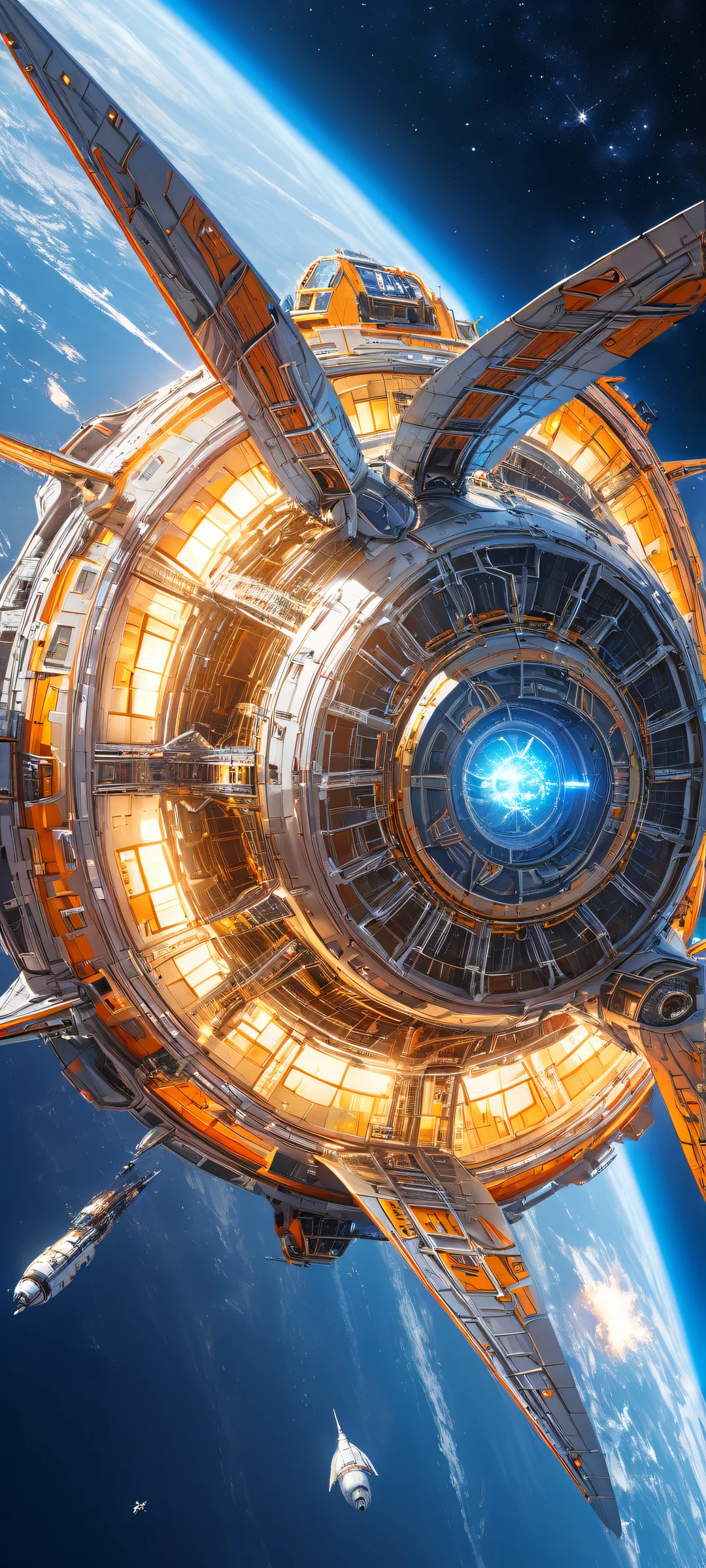 A futuristic spacecraft, iPhone と Android のホーム画面に完全に最適化. Marvel at the intricate details and ray-traced reflections on a star-filled galaxy background.