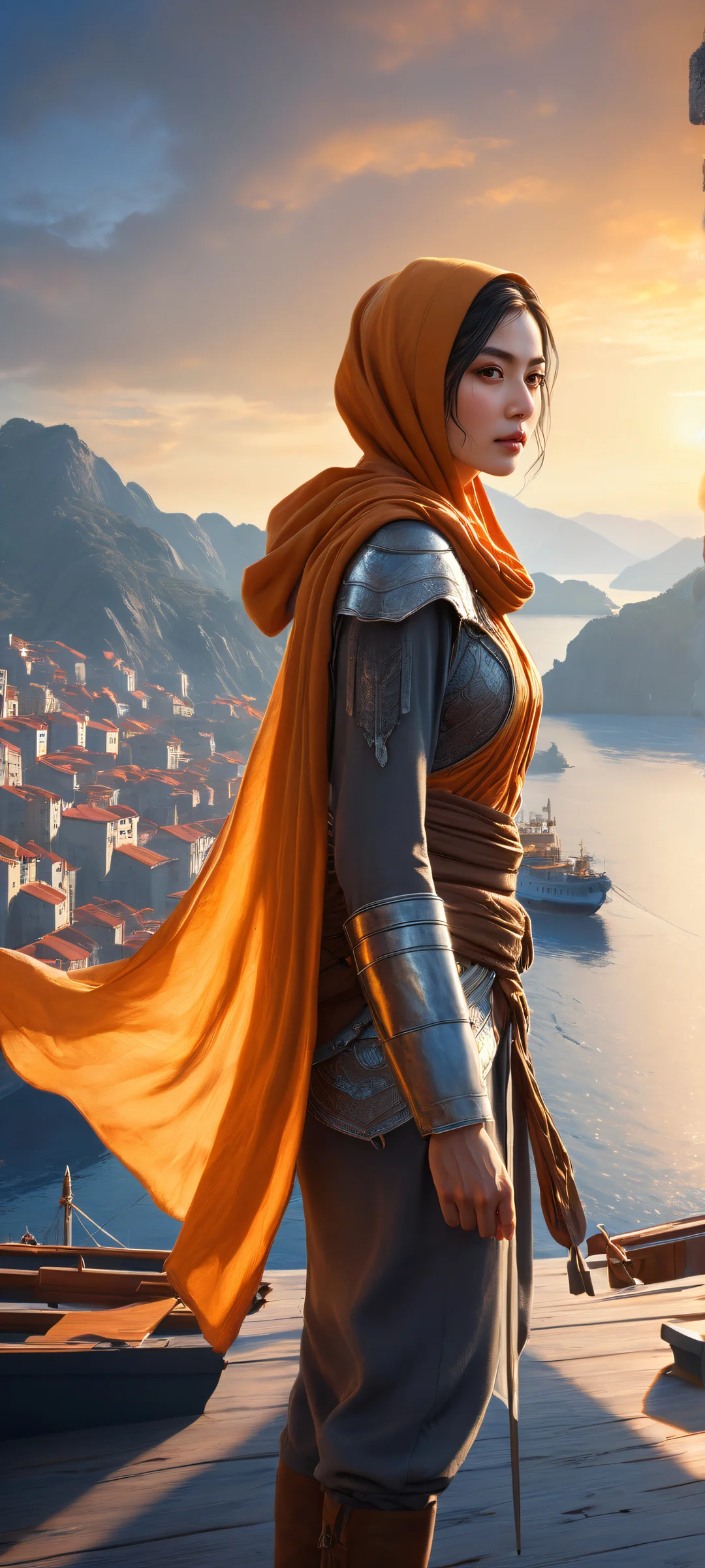 A lone adventurer in the mysterious world of Teyvat, surrounded by Liyue Harbor's iconic skyline. Perfect for iPhone/Android home screens.