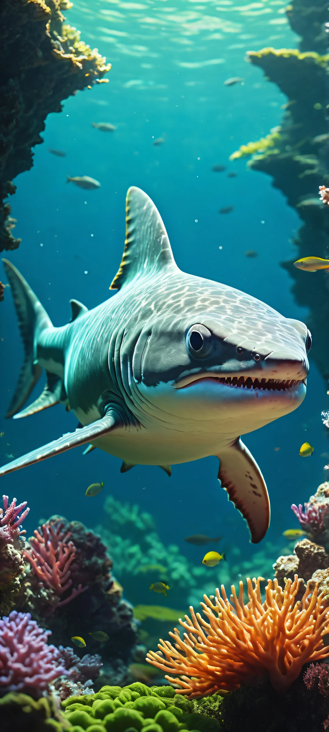 A stunning neon artwork of a shark-axolotl hybrid, perfectly optimized for iPhone and Android home screens. Features intricate micro-details like seaweed and coral.