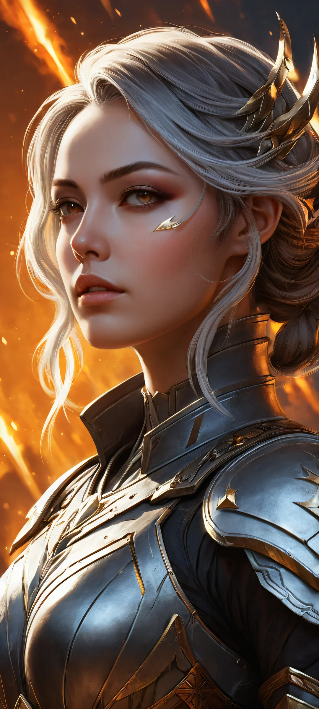 A lone female adventurer with Genshin Impact-inspired armor and surroundings against a dark gradient-filled background, perfect for iPhone/Android home screens.