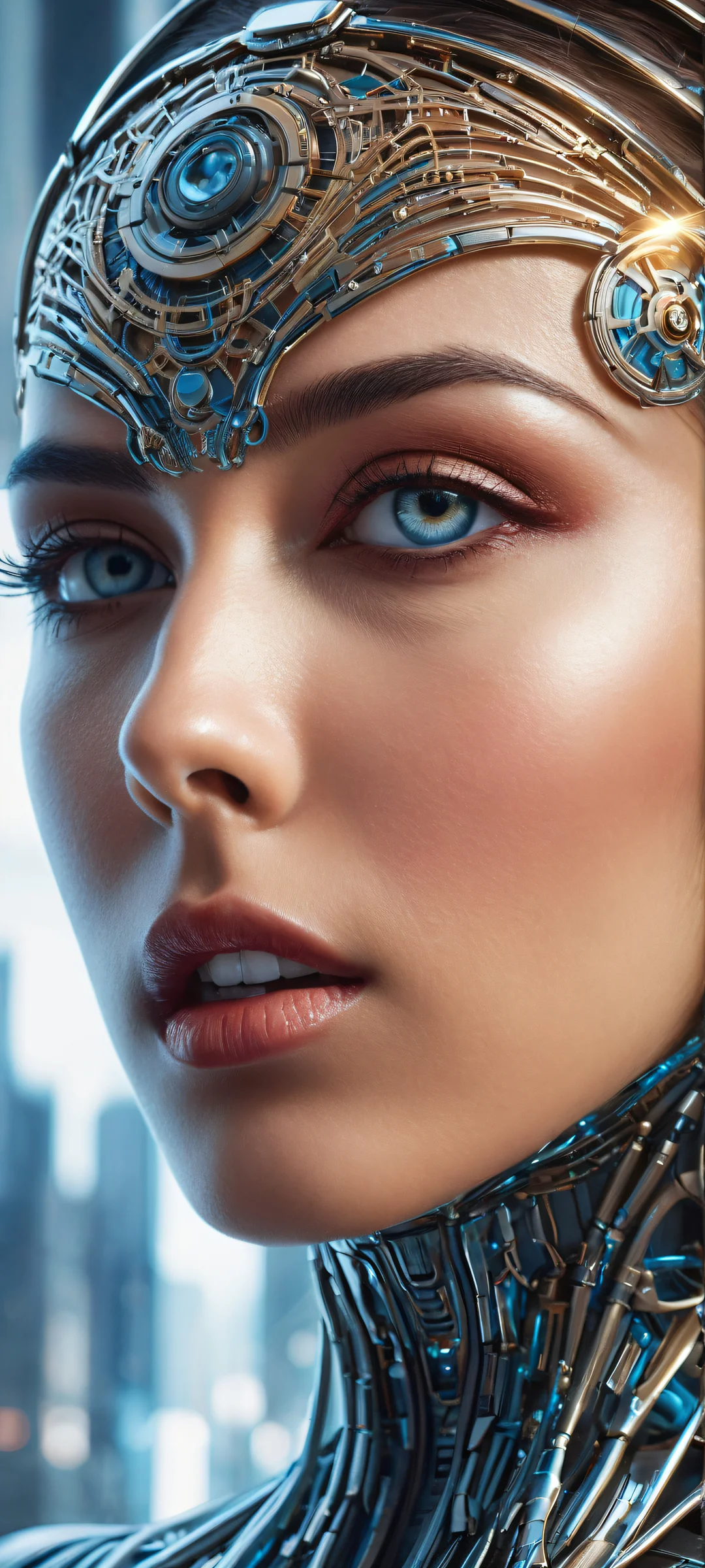 Breathtaking vertical portrait artwork of a futuristic AI-powered face on iPhone/Android, with intricate micro-details and ethereal lighting.